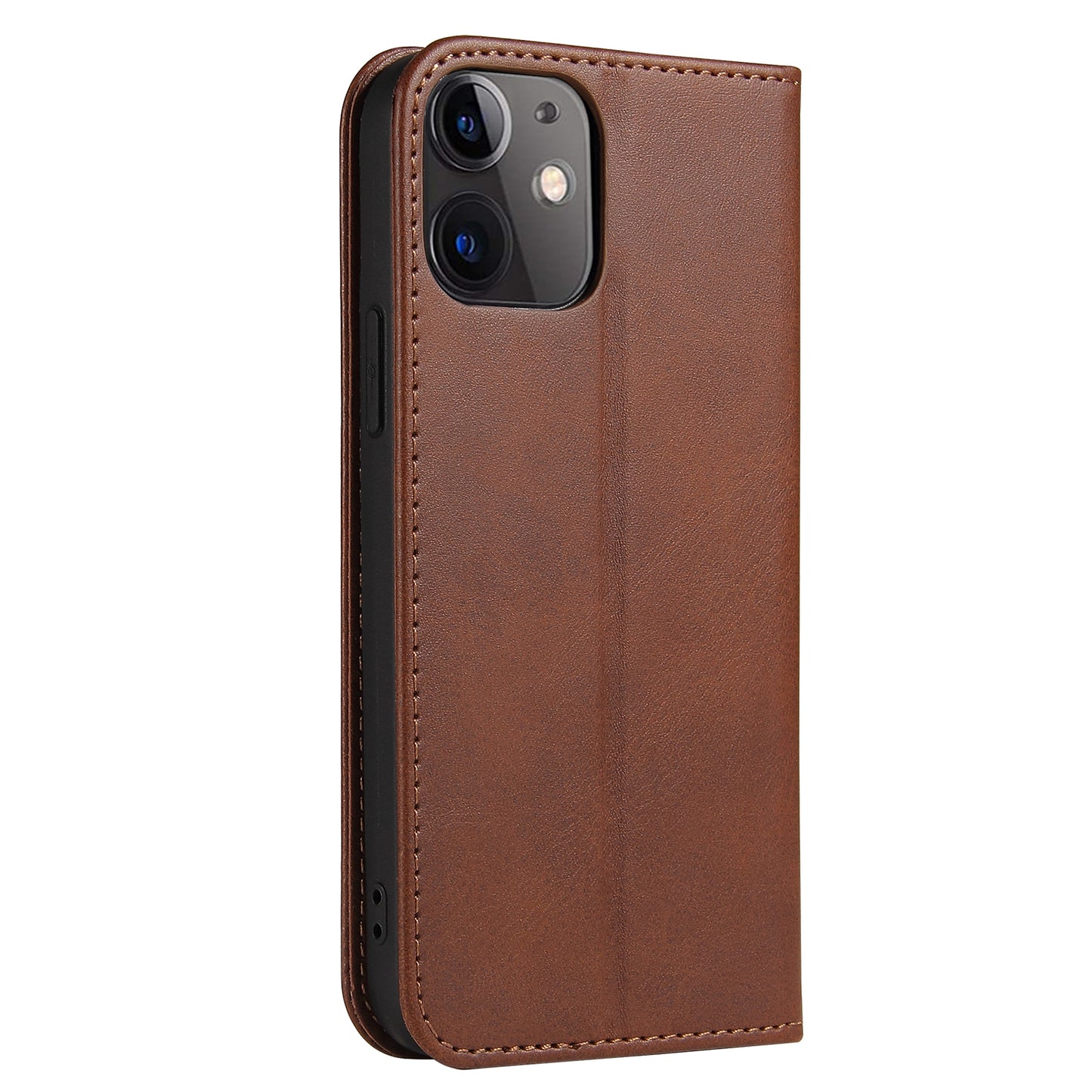 Eine braune Mobiletto iPhone 13 UltraSlim Schutzhülle aus Leder mit sichtbaren Nähten, teilweise geöffnet, um das schwarze Handy im Inneren freizugeben. Der Magnetverschluss hält es sicher, während Kameraobjektive und Tasten von Mobiletto zugänglich bleiben.