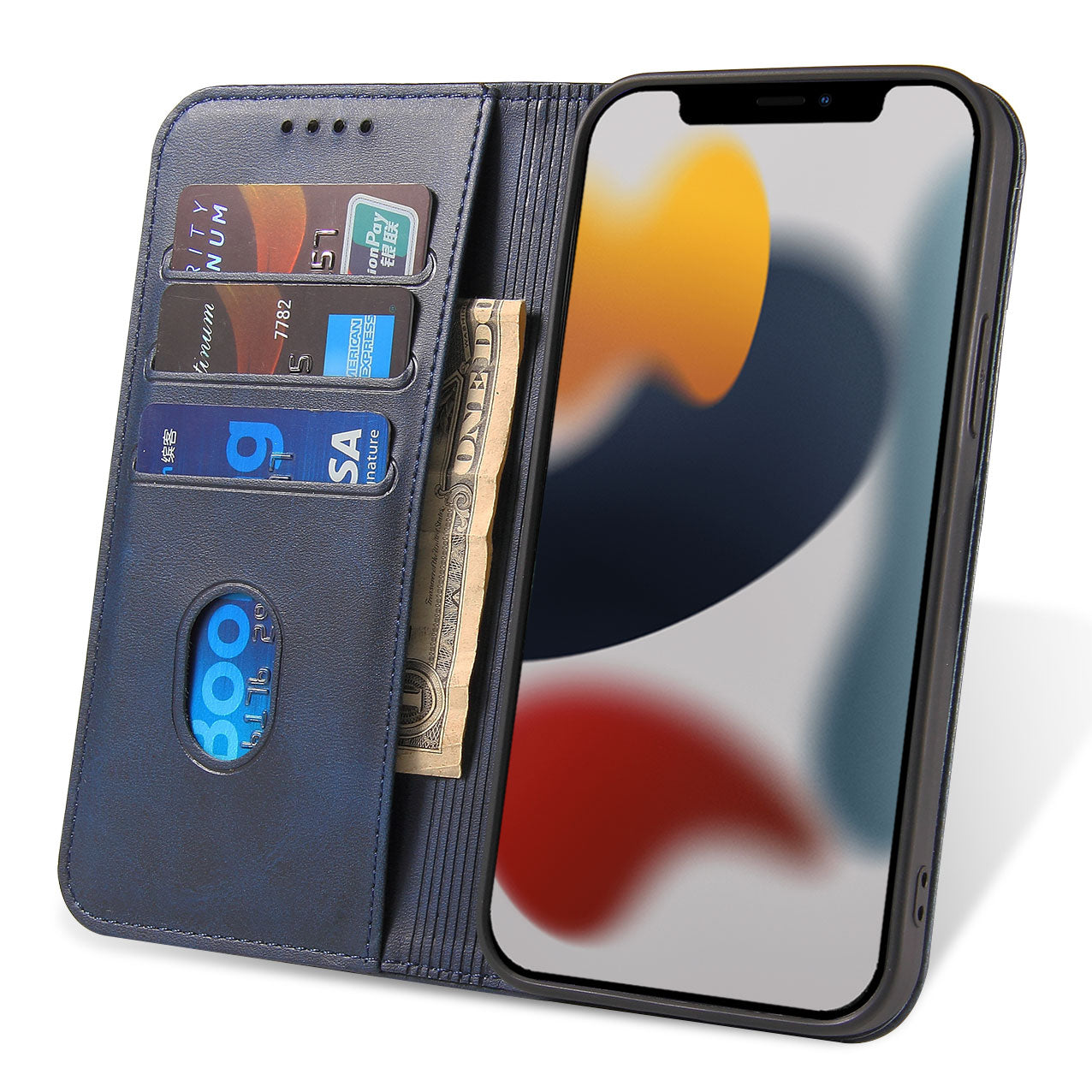 Eine Mobiletto iPhone 13 UltraSlim Schutzhülle in Blau mit Magnetverschluss, Kartenfächern für drei Karten und Bargeld. Der Smartphone-Bildschirm zeigt einen unscharfen abstrakten Hintergrund mit blauen, gelben, roten und weißen Formen.
