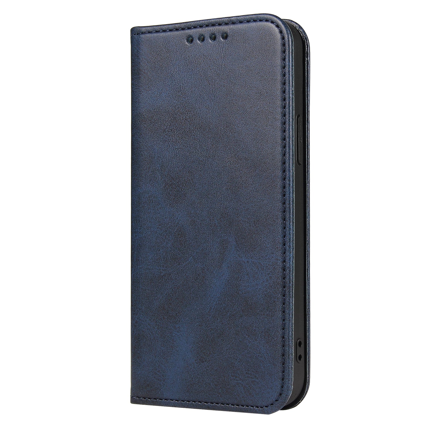 Die Mobiletto iPhone 13 UltraSlim Schutzhülle aus marineblauem Leder verfügt über eine Folio-Abdeckung, einen Magnetverschluss, eine dezente Textur, präzise Lautsprecheraussparungen und wird für stilvollen Schutz geschlossen und aufrecht dargestellt.