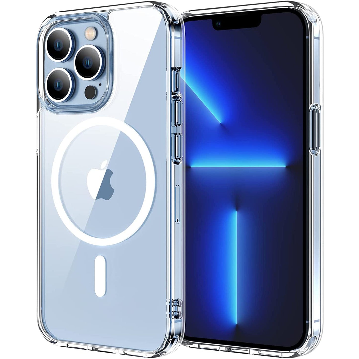 Die iCEO iPhone 13 Pro Max Crystal Case mit MagSafe von iCEO aus transparentem TPU-Silikon und Acrylglas schützt Ihr Gerät, zeigt das Design mit drei Kameras und einem leuchtend blauen geometrischen Wallpaper.