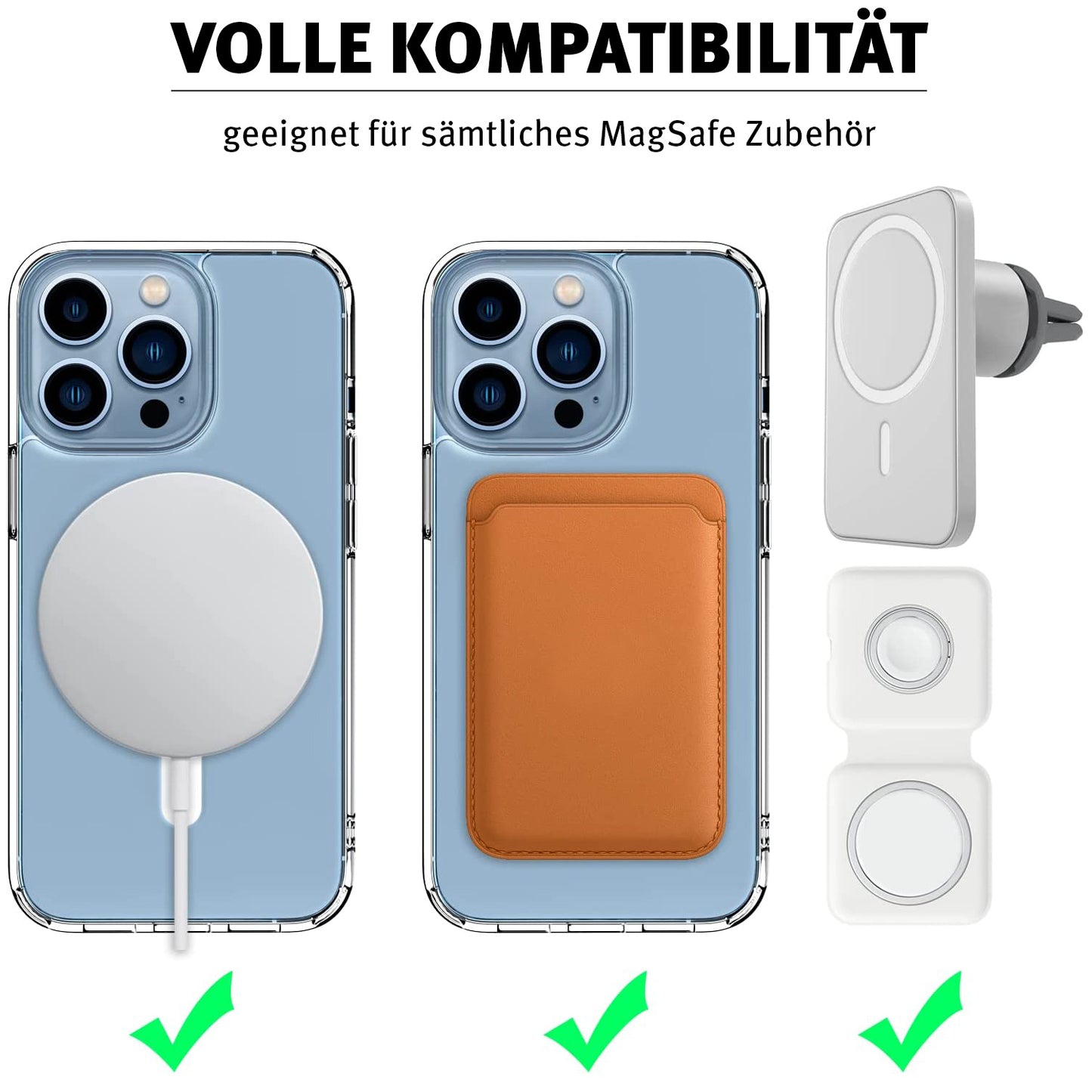 Zwei iPhones mit MagSafe-Zubehör (Ladegerät, Wallet), das iCEO iPhone 13 Pro Crystal Case mit MagSafe (Transparentes, stoßabsorbierendes TPU-Silikon) von iCEO und eine MagSafe-Autohalterung – alle mit grünem Haken markiert.