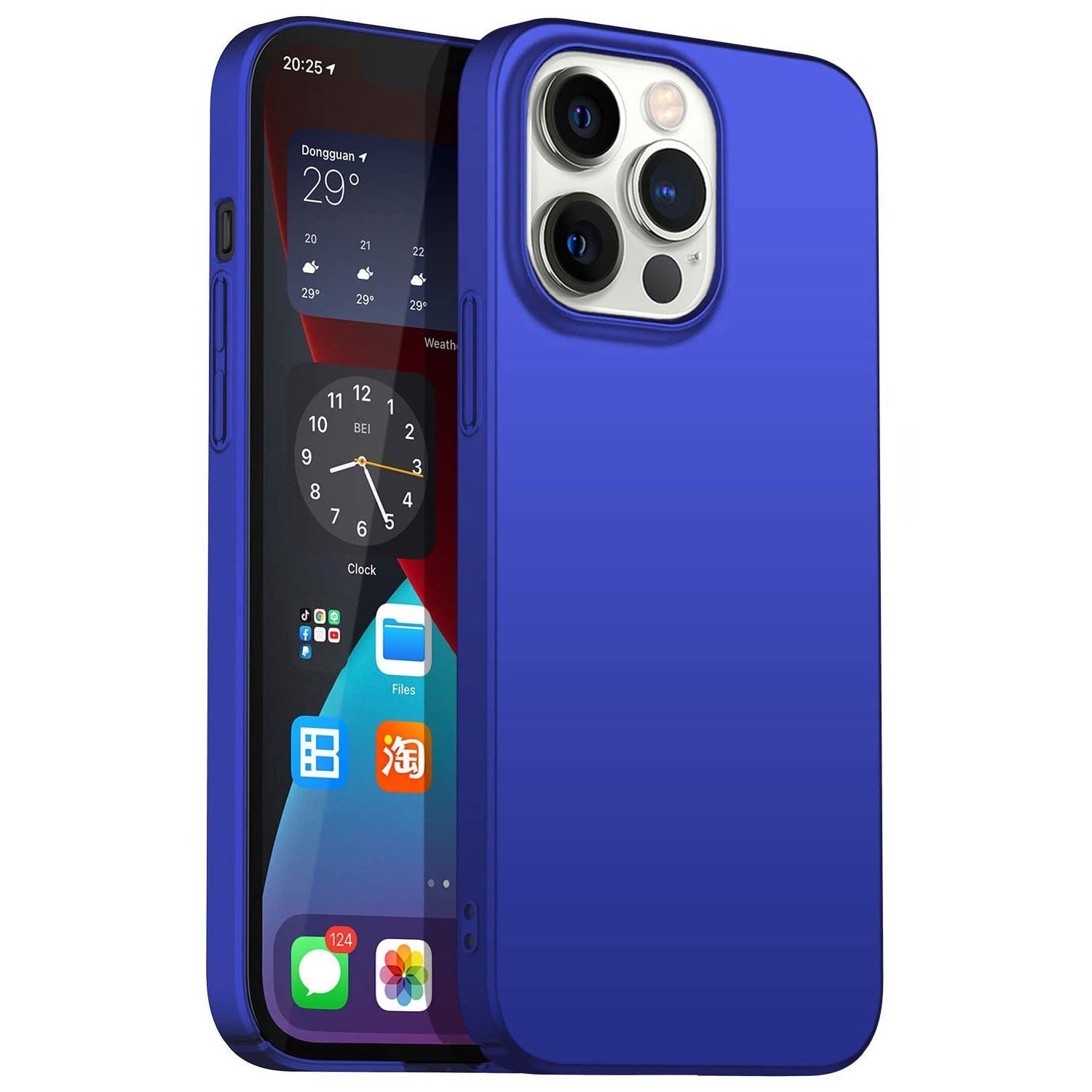 Das ArktisPRO iPhone 14 Pro Max Hülle UltraSlim Hardcase von ArktisPRO aus strapazierfähigem Polycarbonat präsentiert ein schlankes Design, das auf einem iPhone 14 Pro Max mit einer Dreifach-Rückkamera und angezeigtem Startbildschirm angebracht ist.