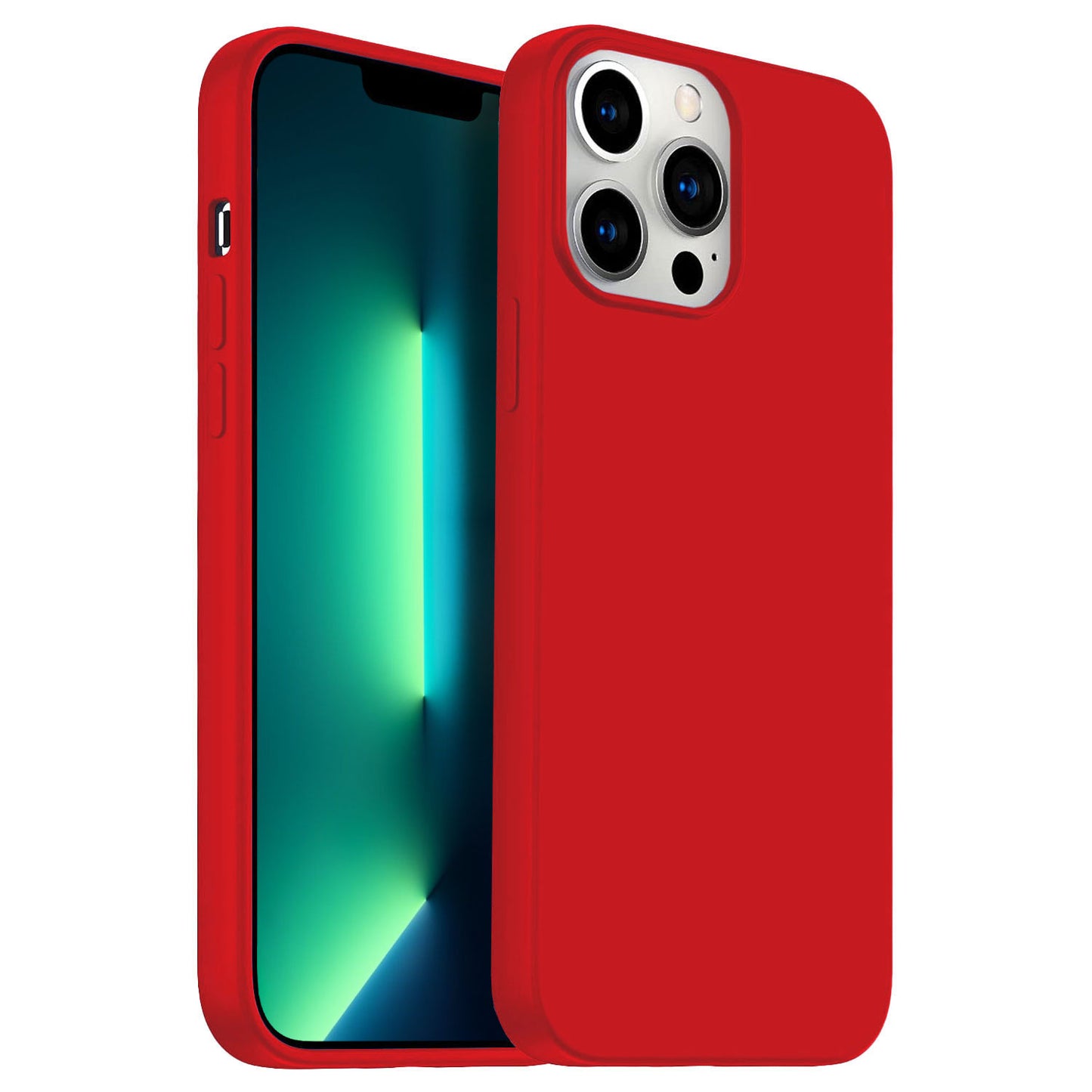 Das iCEO iPhone 13 mini Silikon Case, abgebildet auf einem Telefon mit leuchtendem Bildschirm und Dreifachkamera, unterstützt kabelloses Laden und wird vor einem weißen Hintergrund angezeigt.