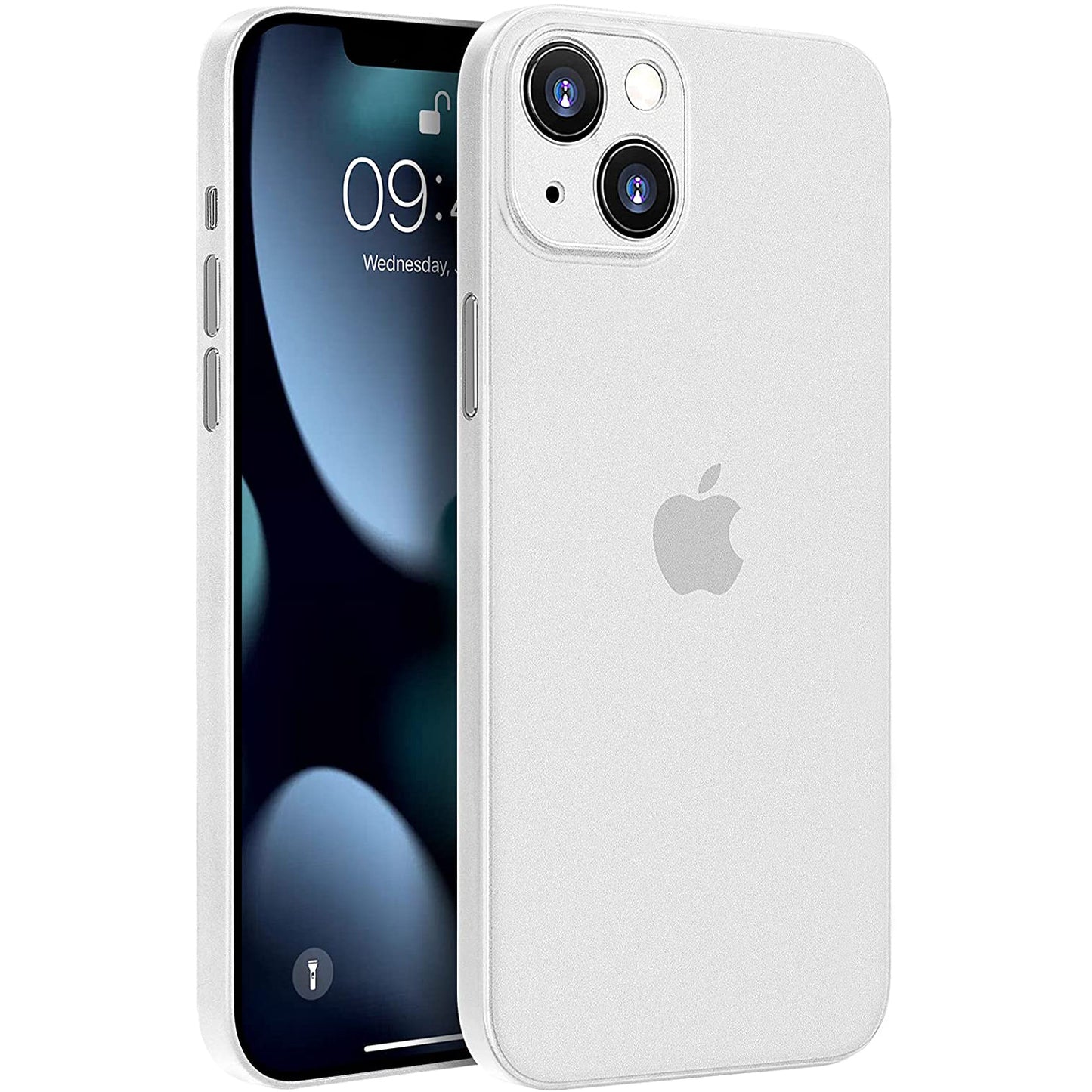 Ein weißes iPhone 13 mini mit Doppelkamera und Apple-Logo, Vorder- und Rückseite auf weißem Hintergrund, mit der ArktisPRO iPhone 13 mini Hülle ULTRADÜNN für stilvollen, federleichten Schutz von ArktisPRO.