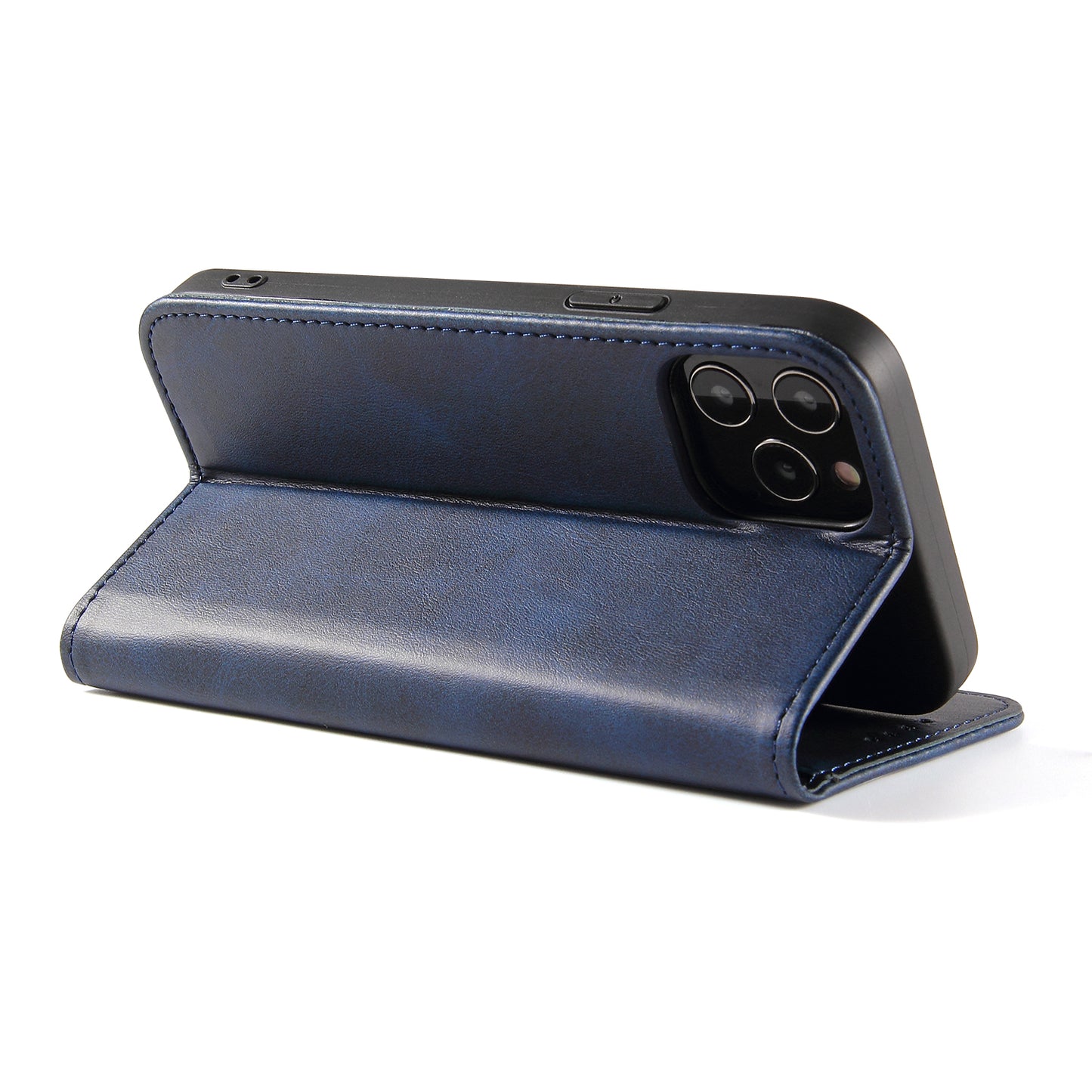 Ein Mobiletto iPhone 13 mini in einer blauen Mobiletto UltraSlim Schutzhülle mit Magnetverschluss, horizontal als Ständer aufgestellt.
