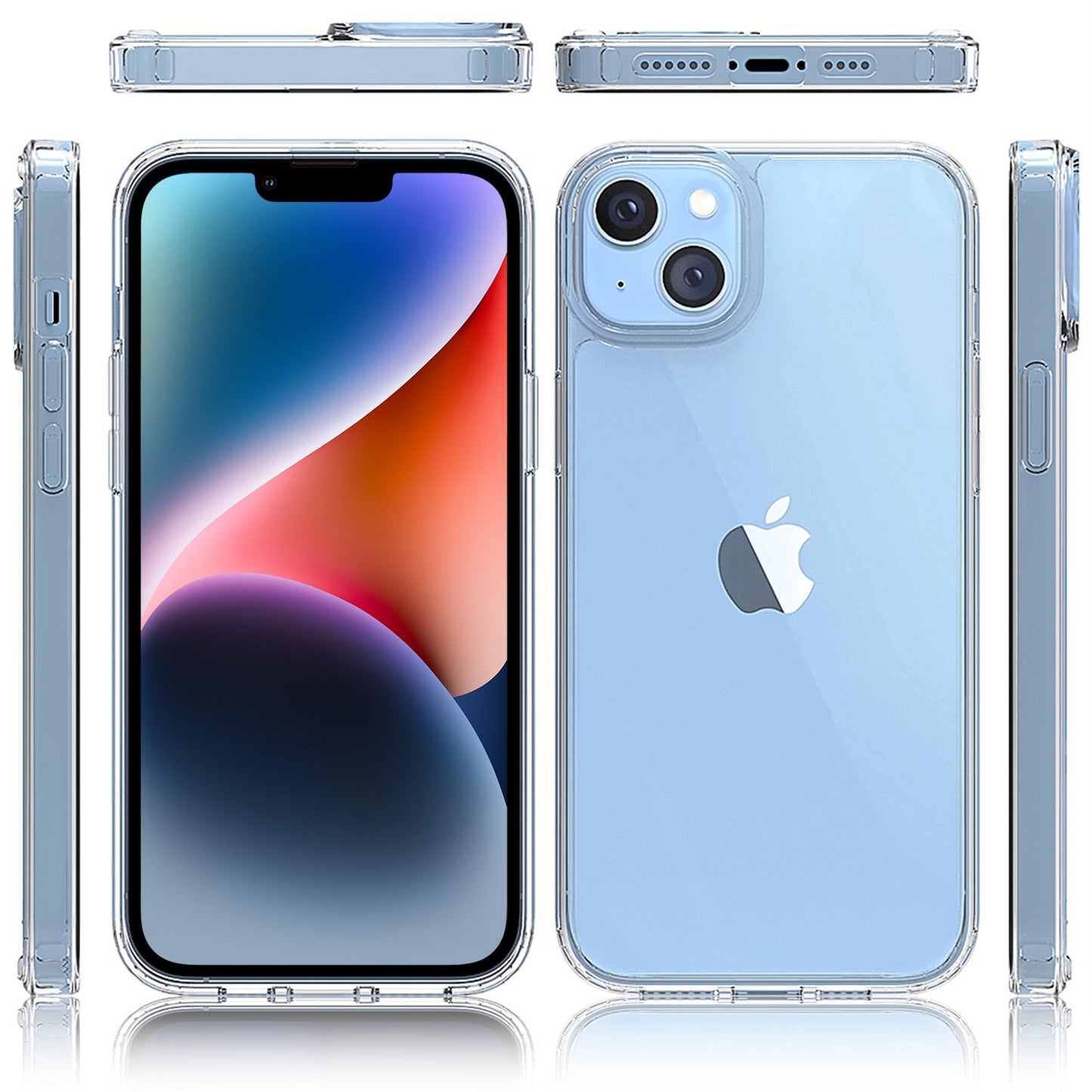 ArktisPRO iPhone 14 ULTRA HYBRID Hülle: Klare Acrylglas-Rückseite und stoßdämpfender TPU-Rahmen auf einem blauen iPhone 14, von vorne, hinten, von der Seite, von oben und von unten. Marke: ArktisPRO.