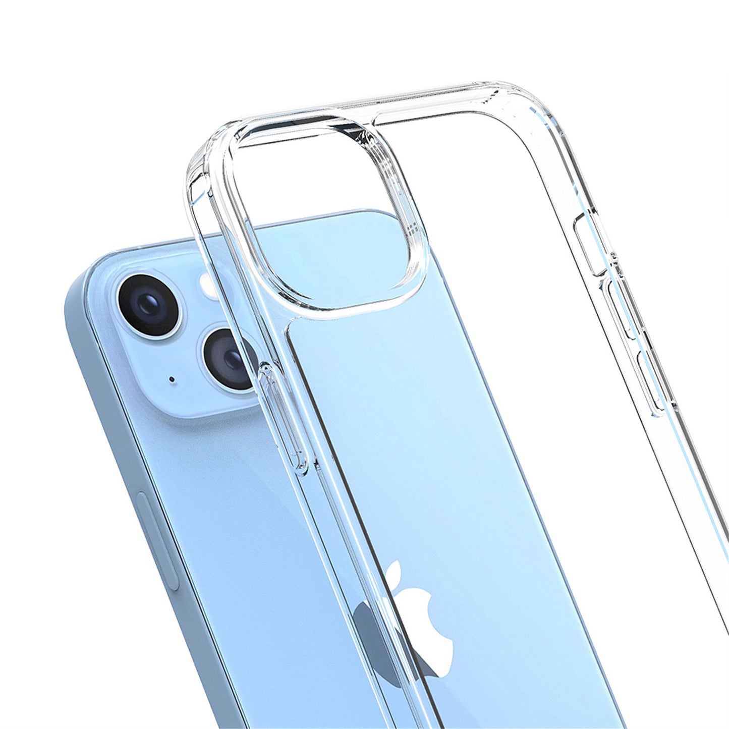 Vor einem hellblauen iPhone 14 mit zwei Kameras auf der Rückseite wird eine ArktisPRO iPhone 14 ULTRA HYBRID-Hülle mit klarem Design und stoßdämpfendem TPU-Rahmen angezeigt.