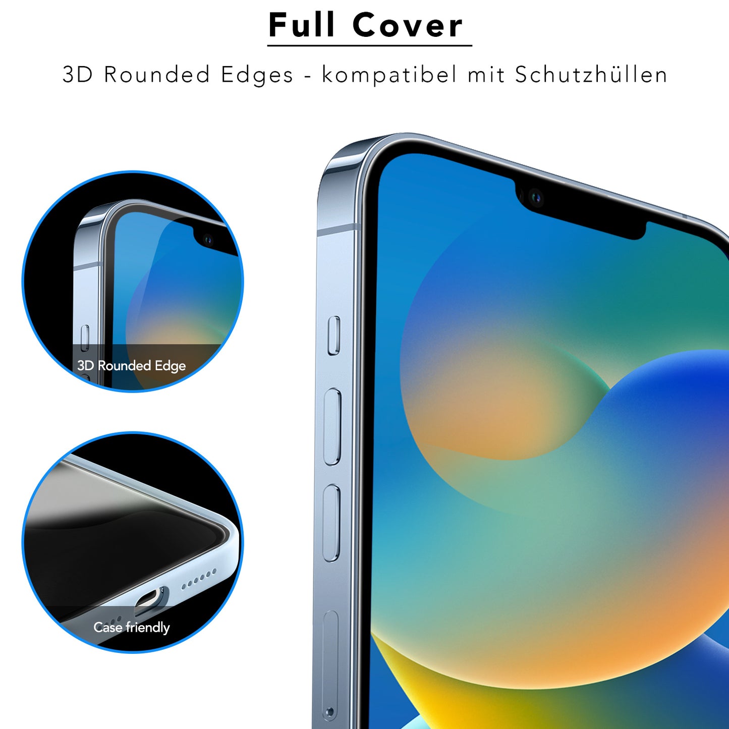 Nahaufnahme des arktis 2er Sets iPhone 14 REVOLUTION Glas-Displayschutz mit blauem Rand, hüllenfreundlichem Aluminium-Silikat-Glas, 3D-abgerundeten Kanten und EZ.INSTALL Box für eine einfache Installation. Kompatibel mit dem iPhone 14.