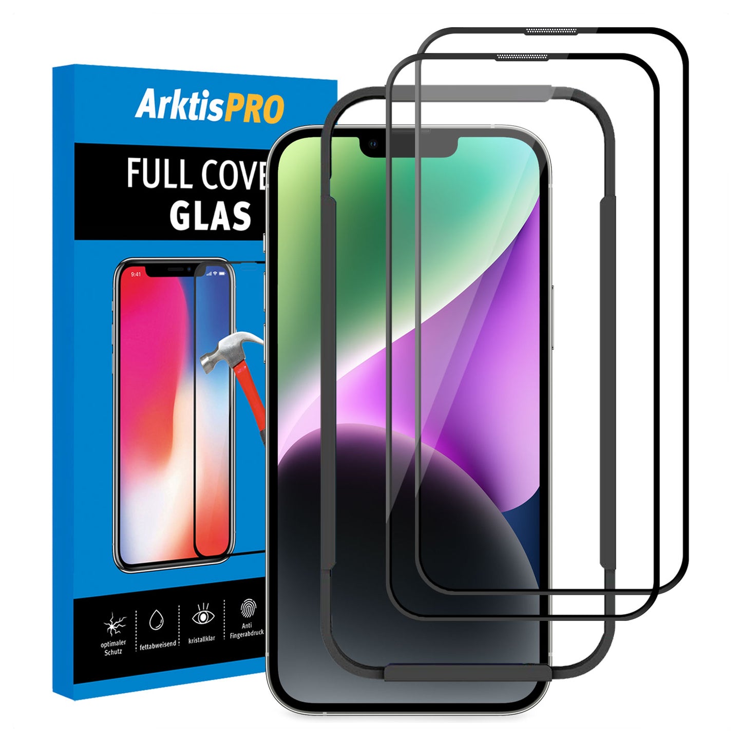 ArktisPRO iPhone 14 FULL COVER Displayschutz GLAS - hüllenfreundlich - 2er Set