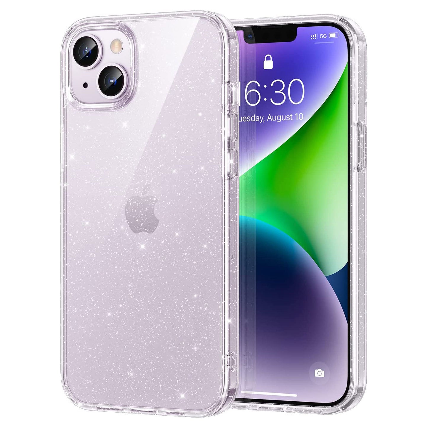 Das Bild zeigt ein iPhone 14 mit Blingmeister CRYSTAL GLITTER Hülle in transparenter Glitzeroptik. Am Display sind 6:30 Uhr und Dienstag, 10. August mit grün-blauem Verlauf zu sehen. Die Hülle ist stoßabsorbierend und stilvoll.