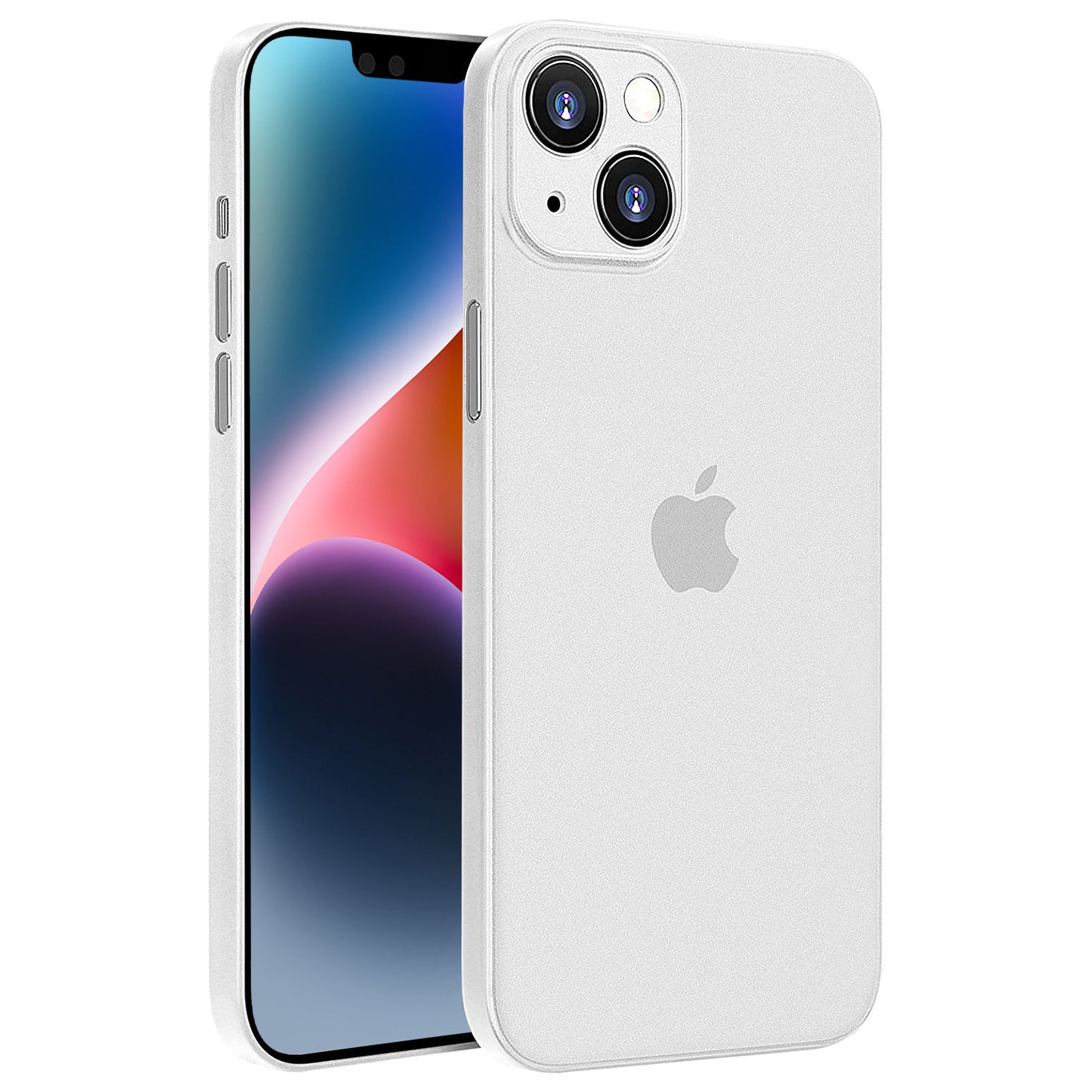 Weißes iPhone 14 mit zwei Kameras auf der Rückseite und lebendigem Display, Vorder- und Rückseite in der federleichten ArktisPRO iPhone 14 Hülle ULTRADÜNN für optimalen Schutz.