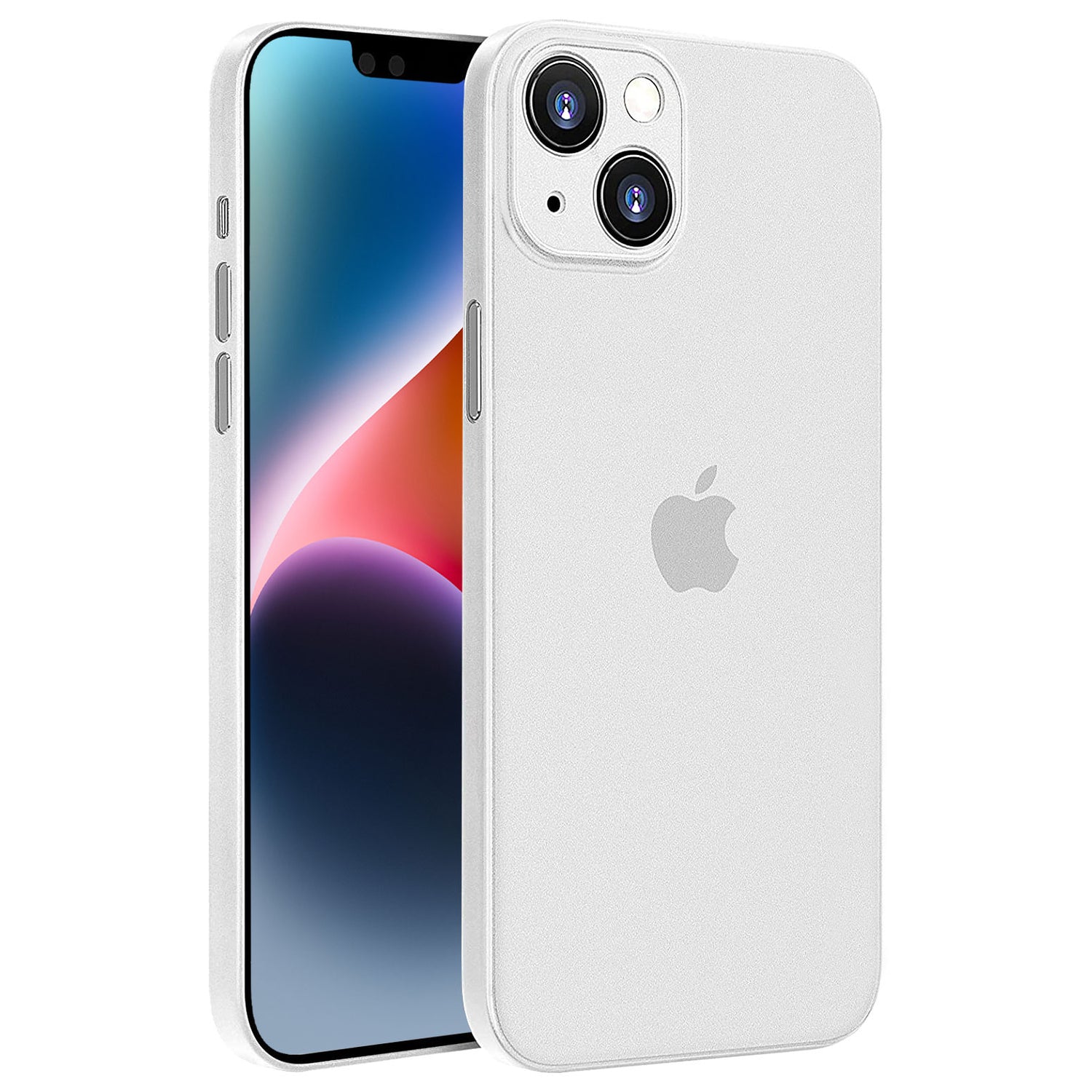 Weißes iPhone 14 mit zwei Kameras auf der Rückseite und lebendigem Display, Vorder- und Rückseite in der federleichten ArktisPRO iPhone 14 Hülle ULTRADÜNN für optimalen Schutz.