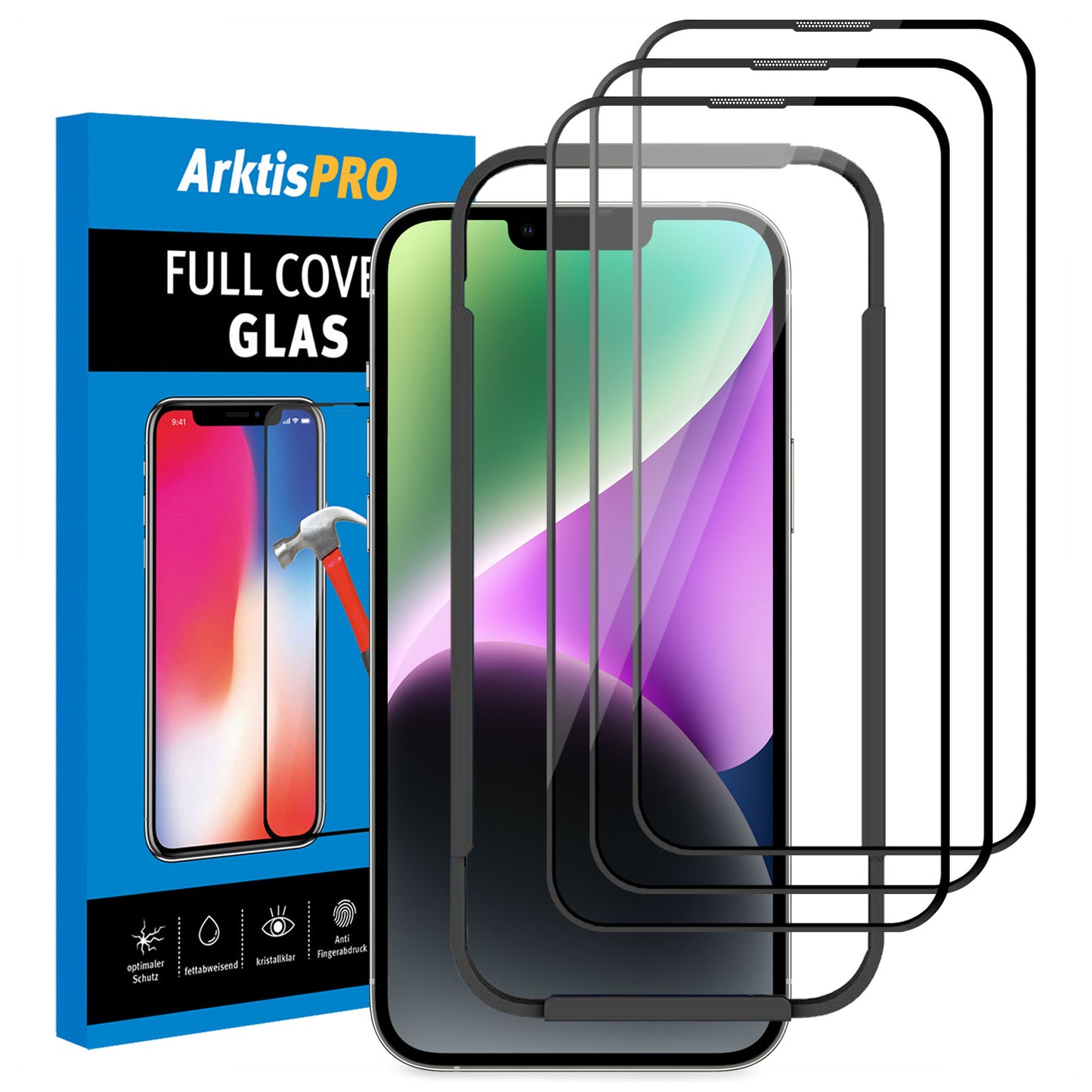 ArktisPRO iPhone 14 FULL COVER Displayschutz GLAS - hüllenfreundlich - 3er Set