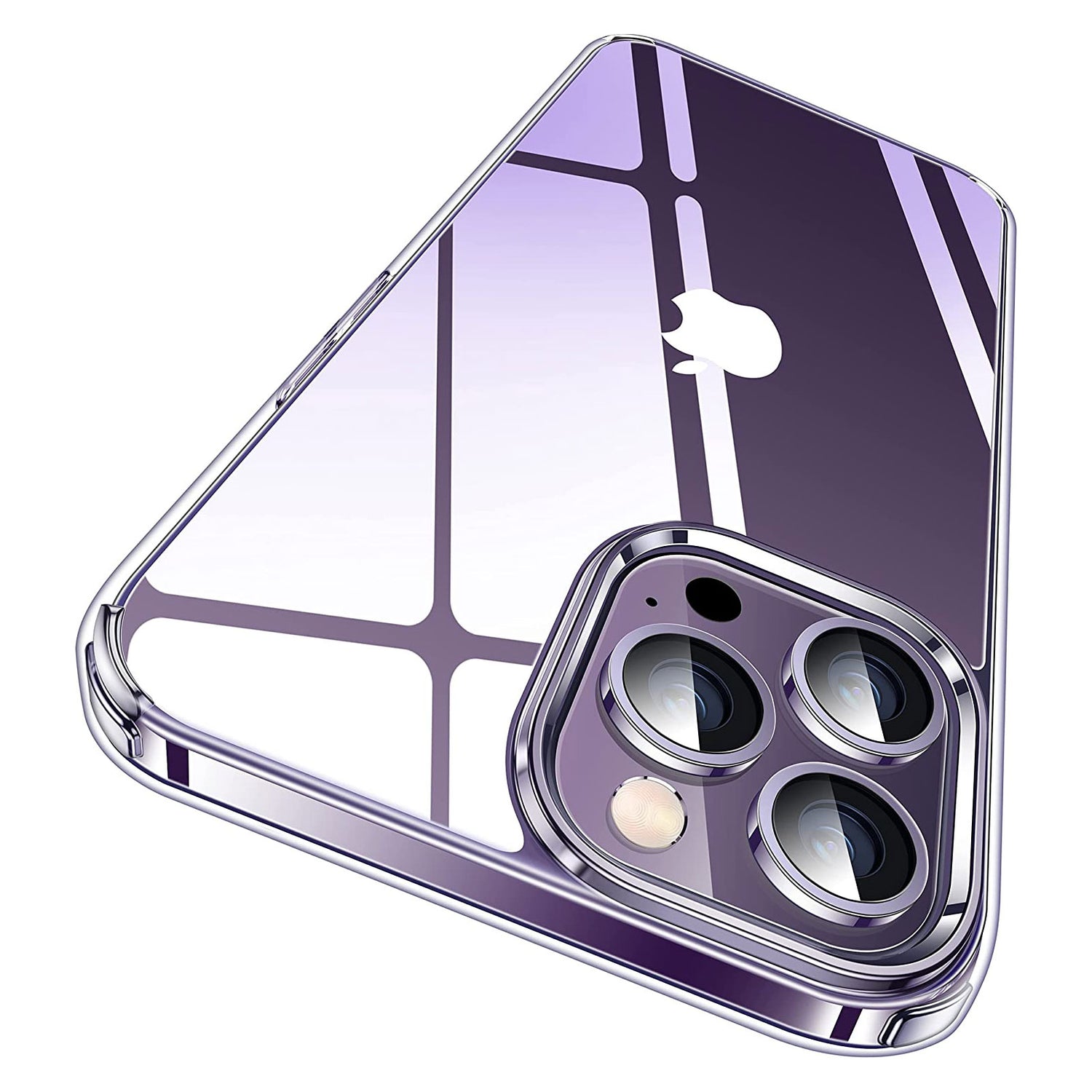 Die Aviato iPhone 14 Pro Max CrystalGlass Schutzhülle von Aviato verfügt über ein violettes Design, drei Aussparungen für die Kameralinse, reflektierende geometrische Muster und besteht aus stoßdämpfendem TPU-Silikon für stilvollen Schutz.