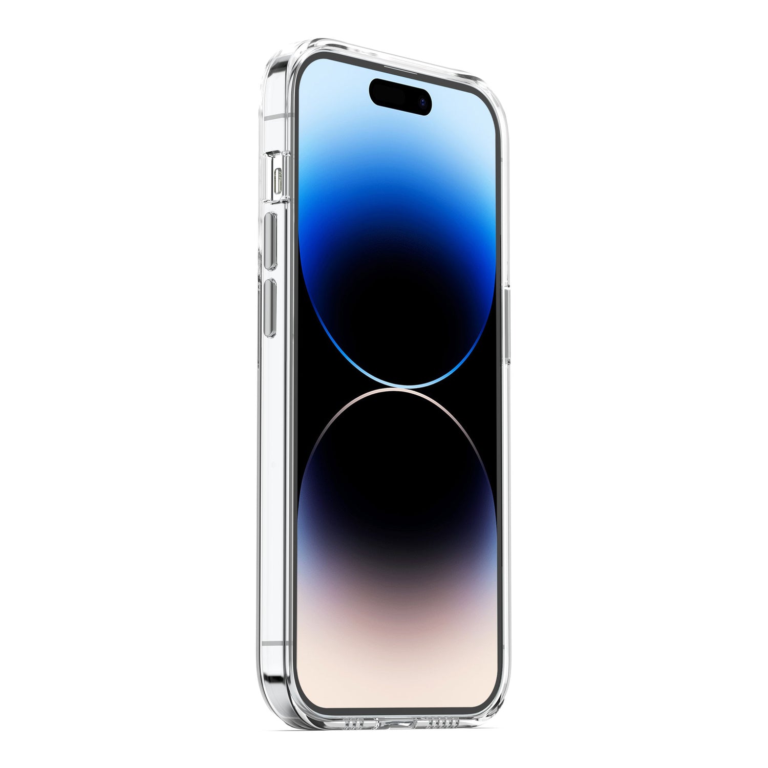 Das MR PROTECT iPhone 14 Pro CLEAR Case mit MagSafe von MR PROTECT wird auf einem Smartphone mit blau-schwarzem Farbverlaufs-Hintergrundbild gezeigt, wobei die Seitentasten, der Ladeanschluss und die kratzfeste Beschichtung für zusätzlichen Schutz hervorgehoben werden.