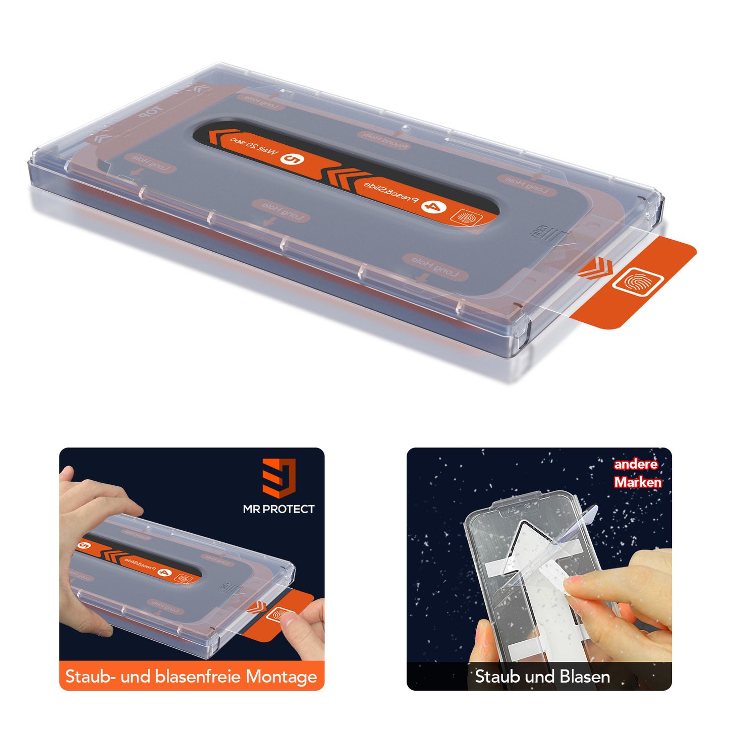 Arktis 2er Set iPhone 14 REVOLUTION Glas-Displayschutz: Enthält Displayschutzfolien aus Aluminium-Silikat-Glas, ein Installationskit mit orangefarbener Lasche, eine deutsche Anleitung und die EZ.INSTALL-Box für eine einfache, staubfreie Anwendung.