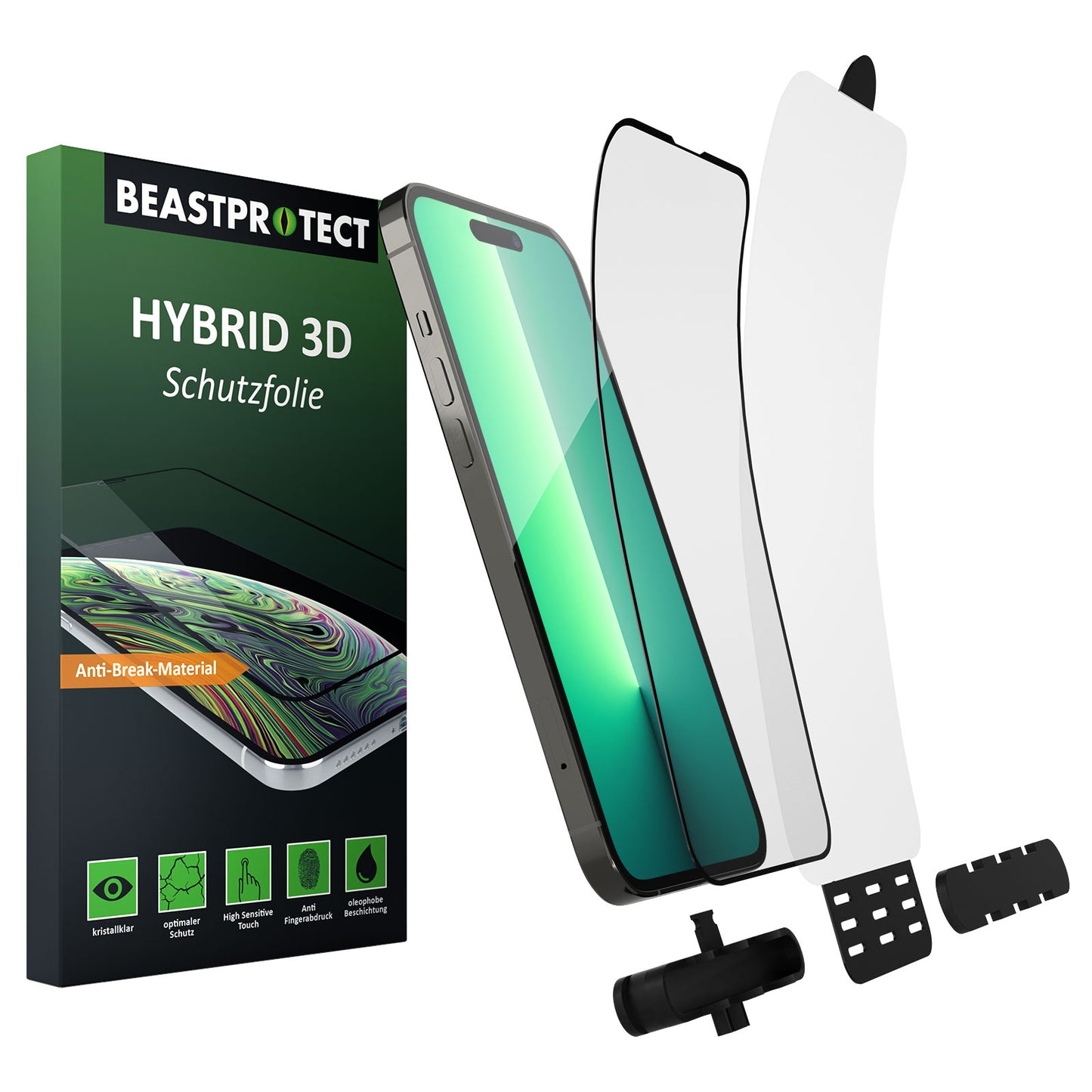 Das Beastprotect iPhone 14 Pro Schutzfolie HYBRID 3D-Kit von Beastprotect enthält einen HYBRID 3D-Schutz, Glasfolie, Werkzeuge, Verpackung und eine Installationsdemo mit Smartphone – ideal für iPhone 14 Pro-Benutzer.