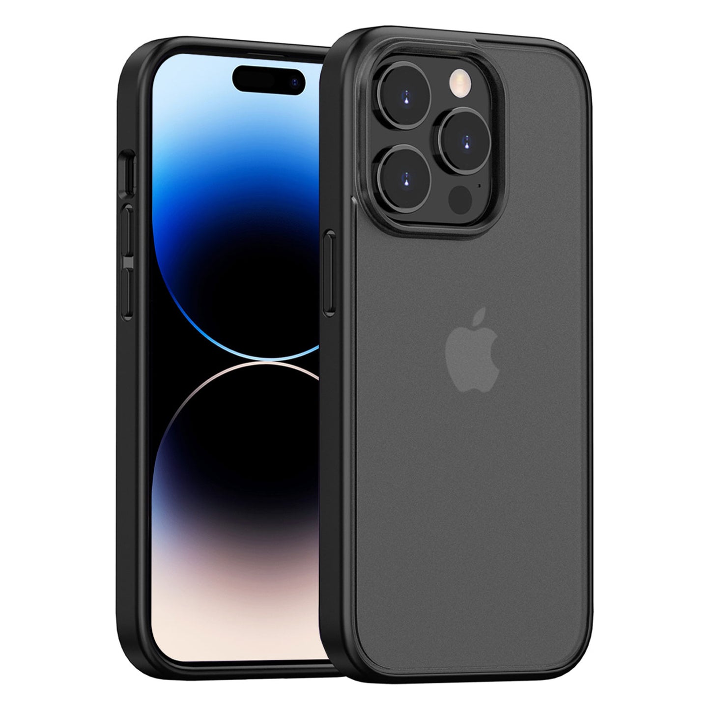 Zwei schwarze iPhone 14 Pro Max-Telefone – eines mit der Bildschirmseite nach oben, eines mit drei Kameras und dem Apple-Logo – werden durch das Aviato SECTOR SLIM Case geschützt, eine stoßabsorbierende TPU-Schutzhülle für zusätzliche Kratzfestigkeit.