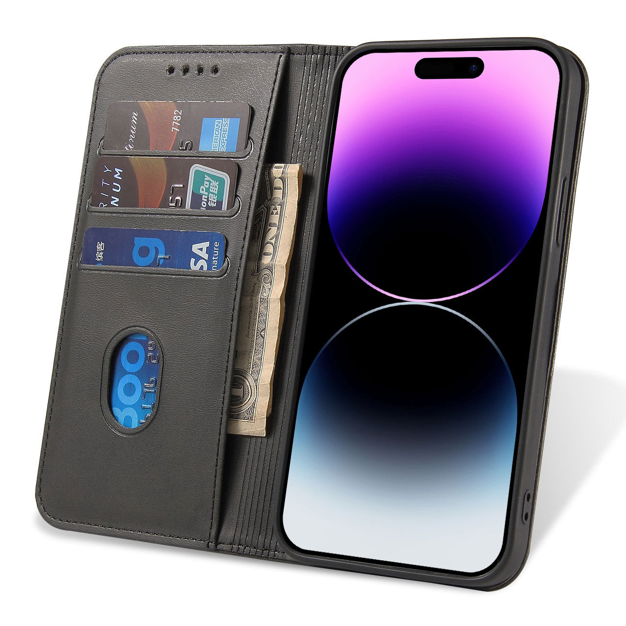 VISOUL IPhone 14 Pro Hülle – Carbon Leder Mit RFID-Schutz, 3 Kartenfächer, Standfunktion, Stoßsicher, Grau
