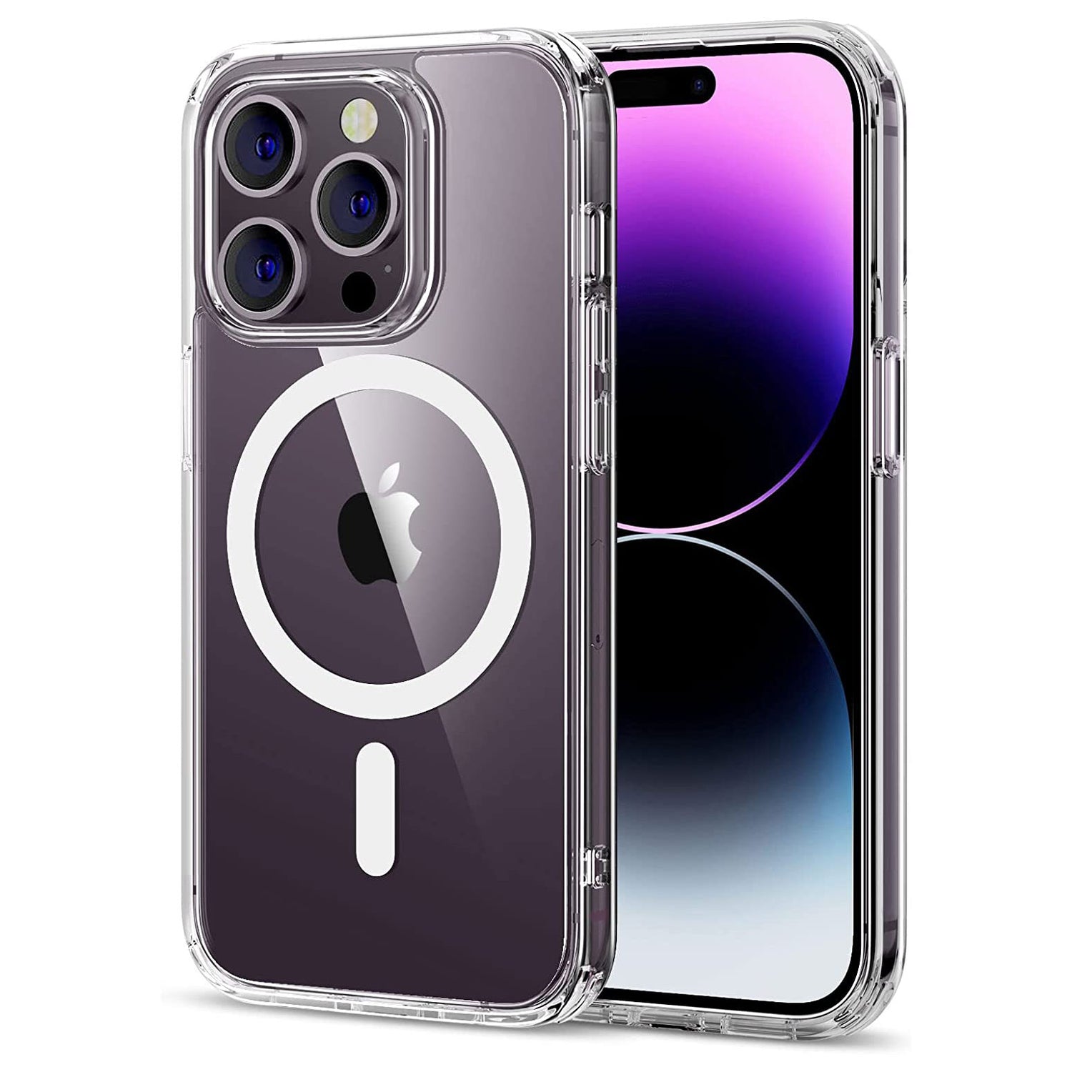 Das iCEO iPhone 14 Pro Max Crystal Case mit MagSafe – Transparent, abgebildet auf einem schwarzen iPhone mit Bildschirm rechts und sichtbarem Apple-Logo, verfügt über einen robusten TPU-Silikon-Rahmen und ist MagSafe-kompatibel.