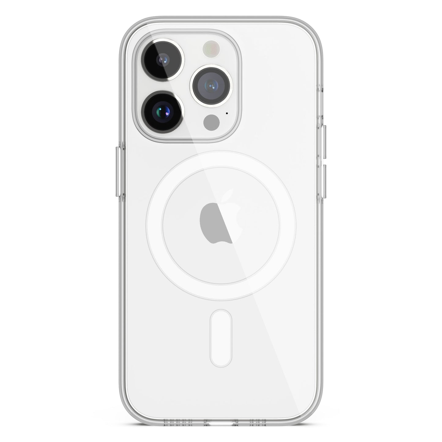 Das MR PROTECT iPhone 14 Pro CLEAR Case mit MagSafe ist auf einem iPhone 14 Pro mit drei Rückkameras abgebildet; das Apple-Logo und der MagSafe-Ring sind durch die transparente, kratzfeste Hülle von MR PROTECT sichtbar.