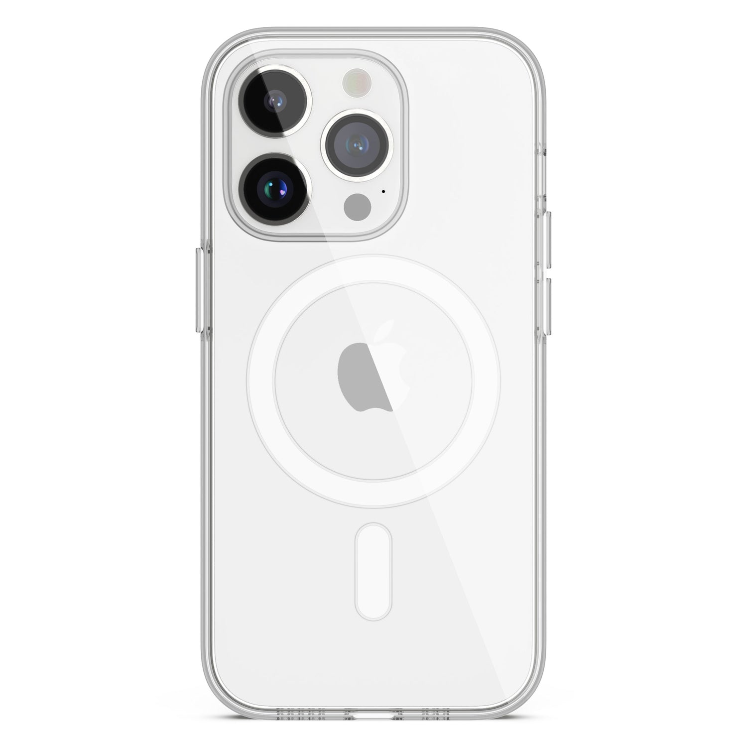Das MR PROTECT iPhone 14 Pro CLEAR Case mit MagSafe ist auf einem iPhone 14 Pro mit drei Rückkameras abgebildet; das Apple-Logo und der MagSafe-Ring sind durch die transparente, kratzfeste Hülle von MR PROTECT sichtbar.