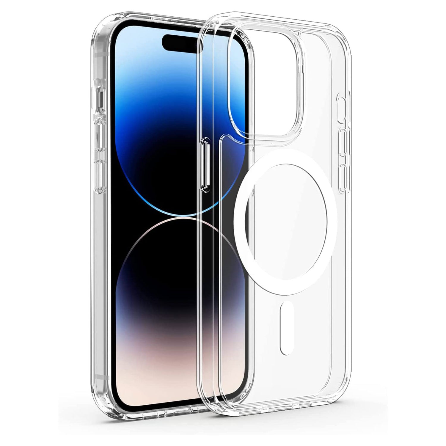 ICEO iPhone 14 Pro Max Crystal Case mit MagSafe – Transparent, zeigt einen runden MagSafe-Ring und einen robusten TPU-Silikonrahmen, präsentiert auf und neben einem Smartphone mit blauem Farbverlauf-Display.