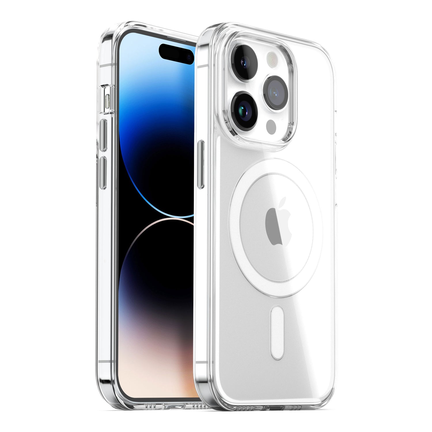 Das MR PROTECT iPhone 14 Pro CLEAR Case mit MagSafe von MR PROTECT zeigt ein modernes Smartphone mit blauem Farbverlaufsbildschirm, Dreifachkamera, Blitz und kreisförmigem MagSafe-Design in einer transparenten, kratzfesten iPhone 14 Pro Hülle.