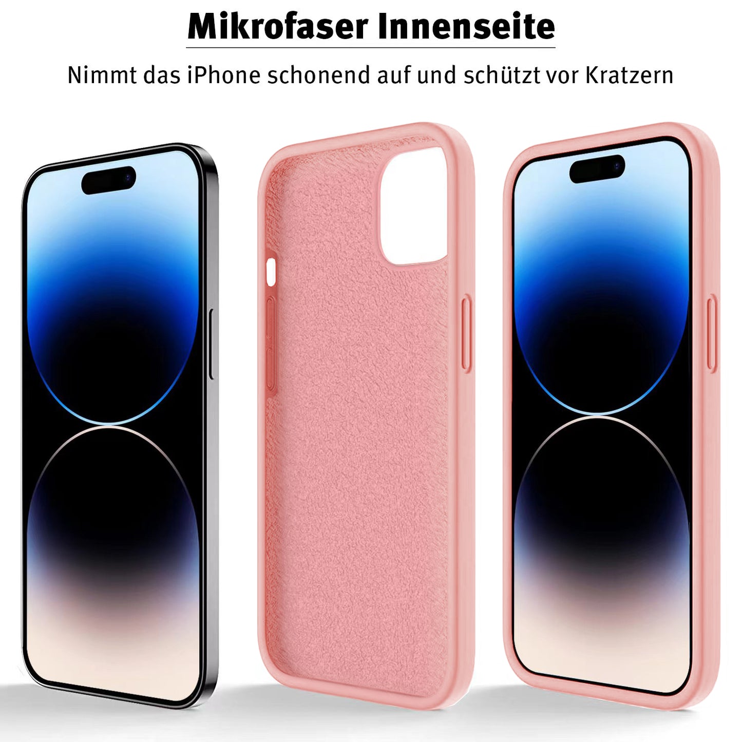 Zwei iPhones, darunter ein iPhone 14 Pro Max, werden mit dem rosa iCEO iPhone 14 Pro Max Silikon Case von iCEO gezeigt, das über eine weiche Mikrofaser-Innenseite verfügt – ideal zum kabellosen Laden.