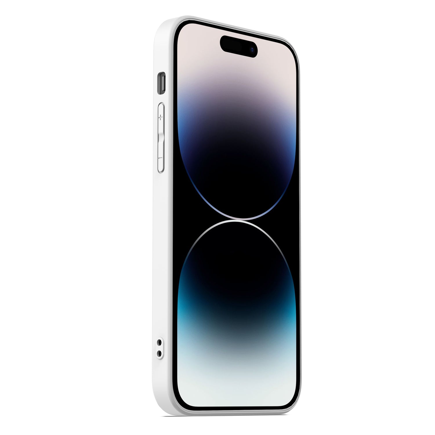 Ein weißes iPhone 14 Pro Max mit einem großen randlosen Display, von der Seite betrachtet, um sein schlankes Profil, die seitlichen Tasten und das stoßdämpfende TPU-Silikon-Gehäuse MR PROTECT INVICTUS hervorzuheben.