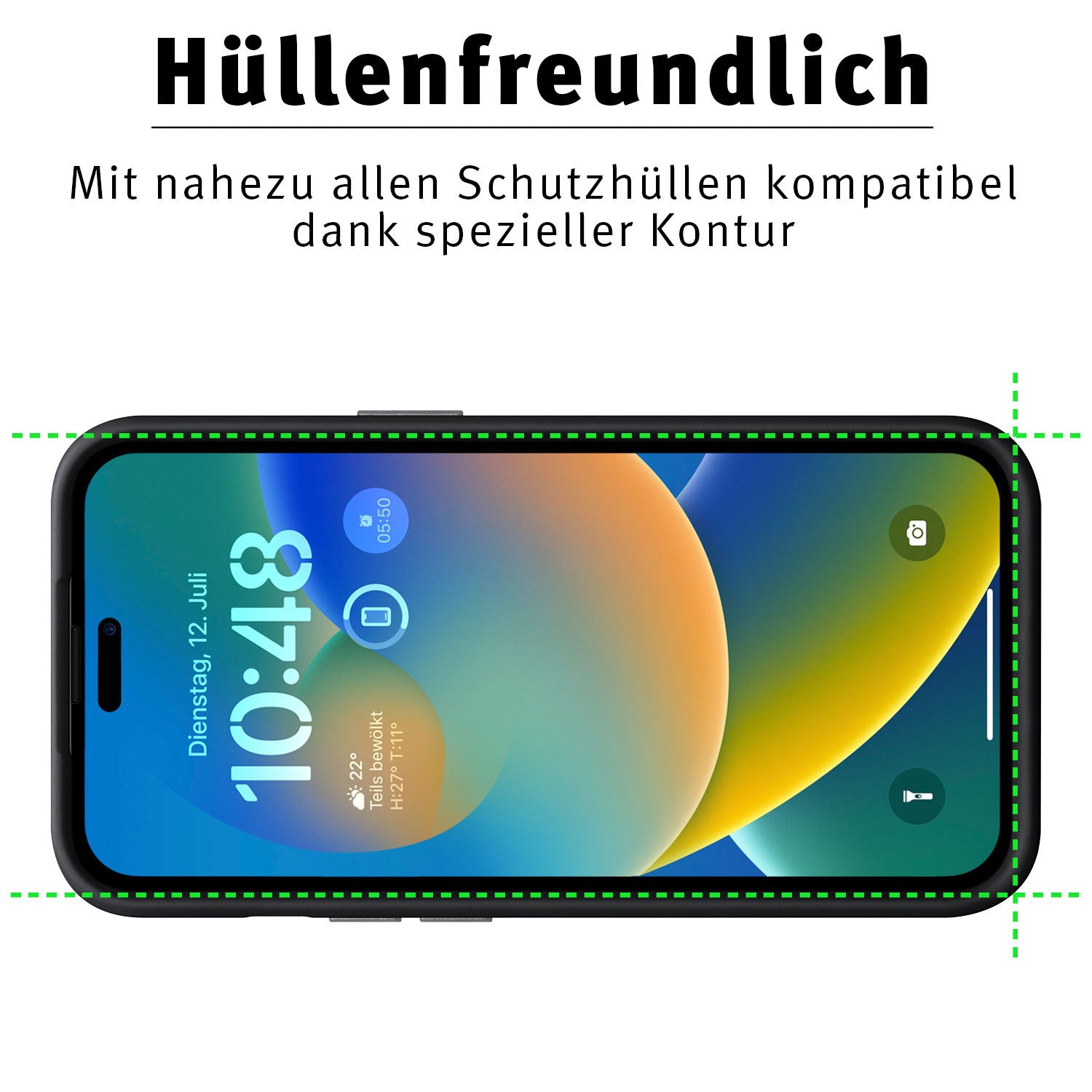 Beastprotect iPhone 14 Pro Schutzfolie HYBRID 3D – Smartphone mit aktivem Display, grün gepunktete Umrandung, deutscher Hinweis zur Kompatibilität mit den meisten Hüllen – idealer unzerbrechlicher Displayschutz.