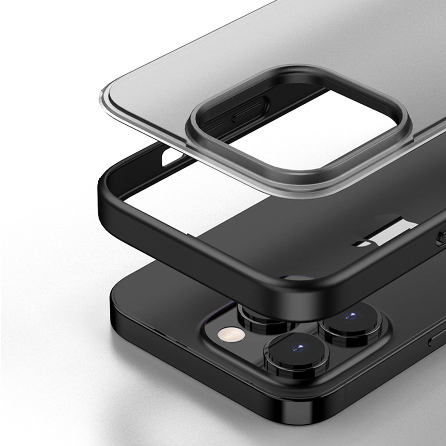 Eine Nahaufnahme des Aviato SECTOR SLIM Case für iPhone 14 Pro Max, einer dreiteiligen schwarzen und transparenten Schutzhülle von Aviato mit stoßabsorbierendem TPU, teilweise montiert auf einem Smartphone.