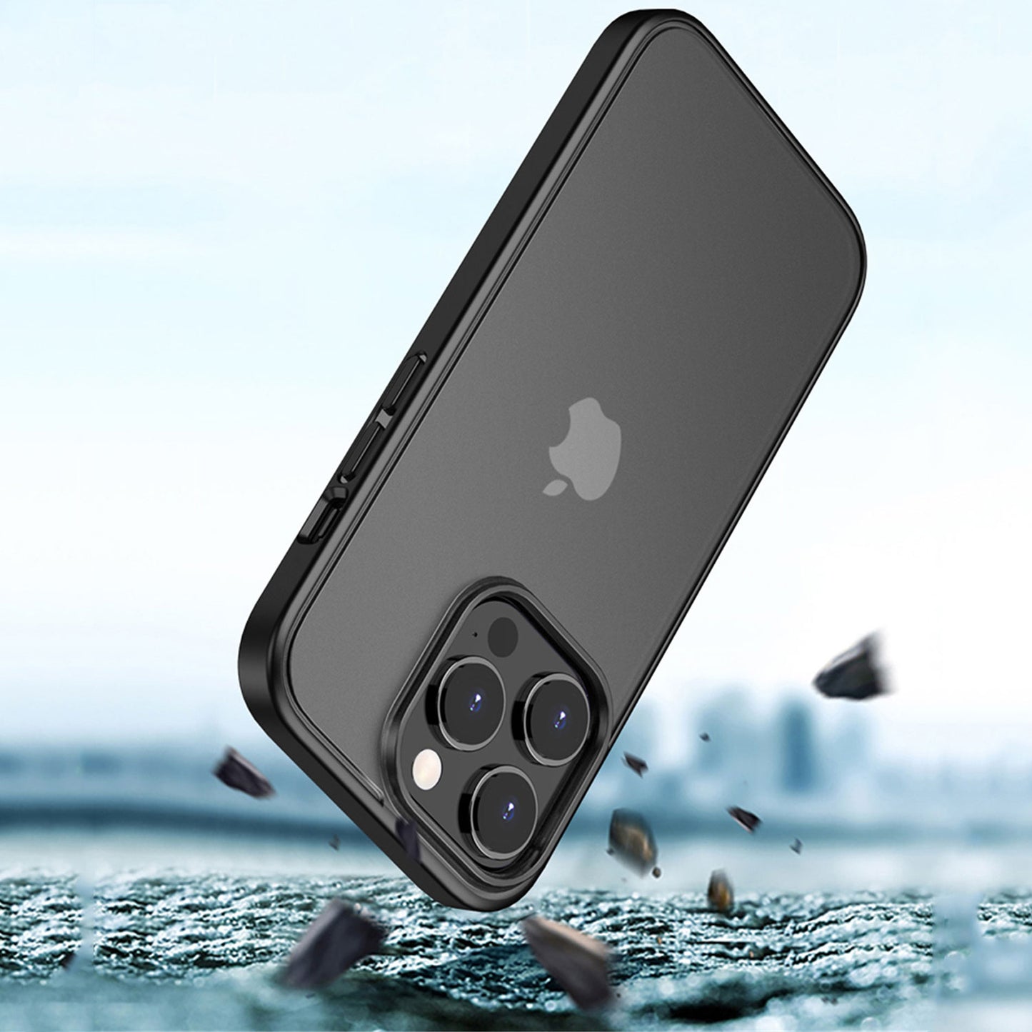 Aviato SECTOR SLIM Case für iPhone 14 Pro Max schützt ein schwarzes Smartphone mit drei Kameras beim Herunterfallen dank stoßabsorbierendem TPU und erhöhter Kratzfestigkeit.
