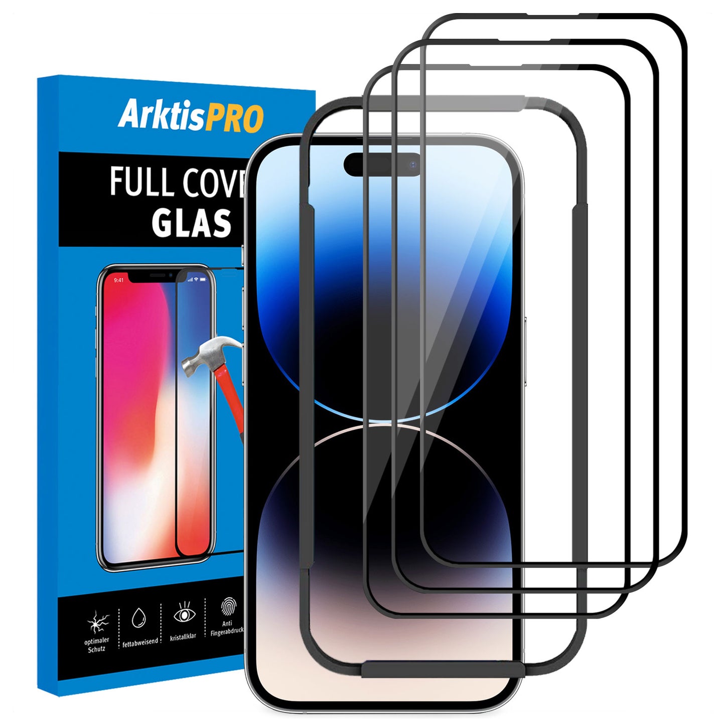 ArktisPRO iPhone 14 Pro FULL COVER Displayschutz GLAS - hüllenfreundlich - 3er Set