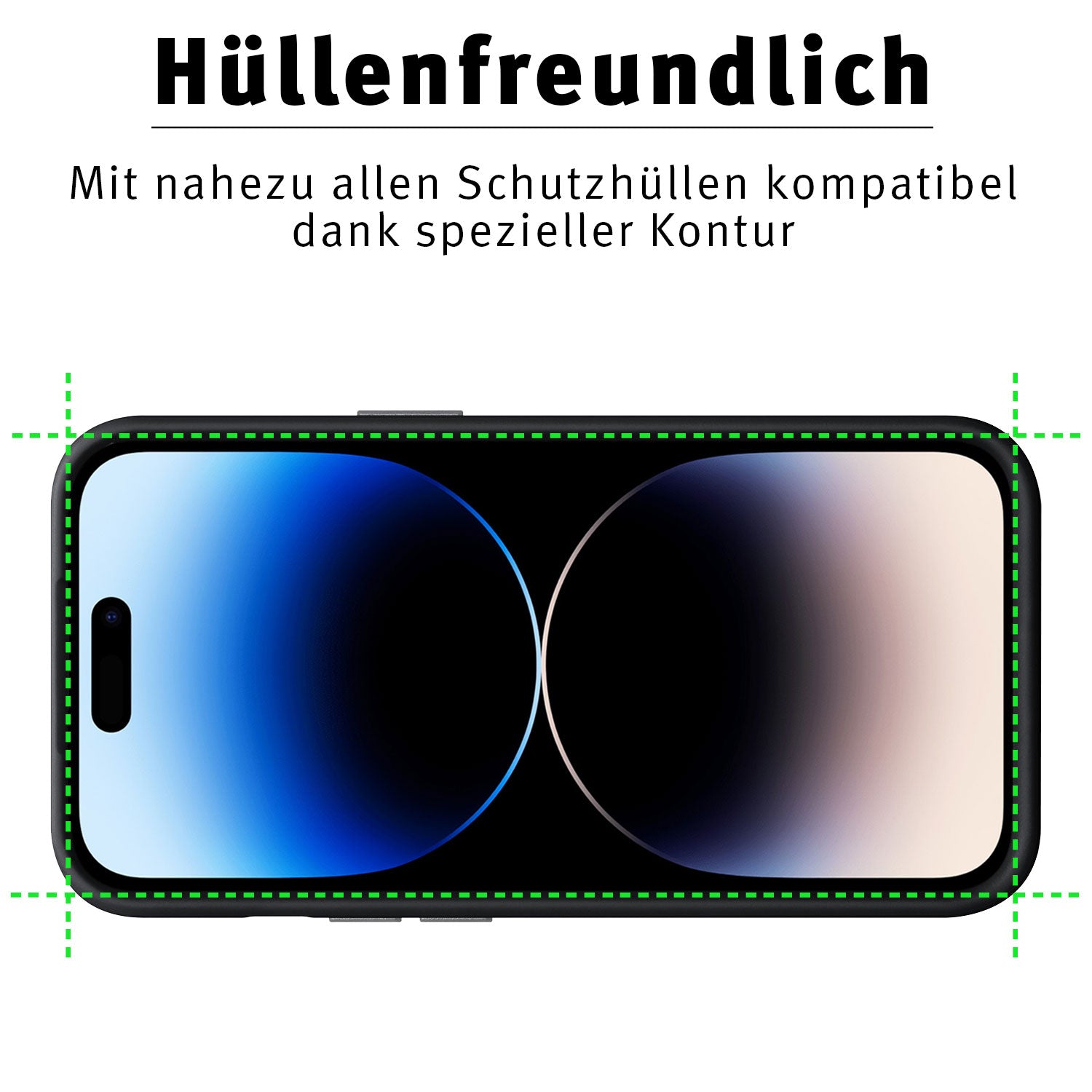 Ein Smartphone mit einem blau-schwarzen Farbverlaufsbildschirm ist grün umrandet, was zeigt, dass das ArktisPRO iPhone 14 Pro FULL COVER Displayschutz GLAS hüllenfreundlich ist. Der deutsche Text oben hebt das hüllenfreundliche Design und die oleophobe Schicht hervor.