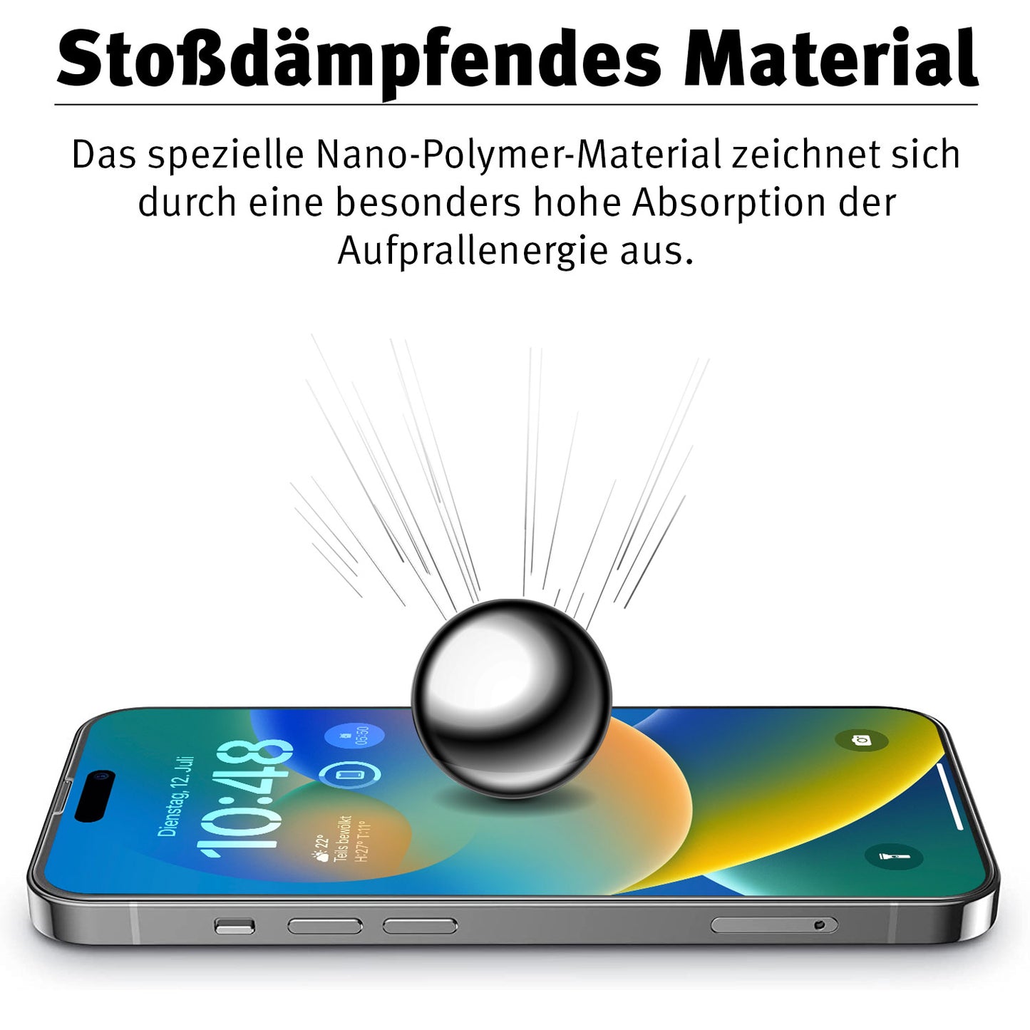 Eine Metallkugel trifft auf den Bildschirm und demonstriert die stoßdämpfende Kraft der Beastprotect iPhone 14 Pro Schutzfolie HYBRID 3D – einer unzerbrechlichen Displayschutzfolie von Beastprotect, ideal zum Schutz Ihres iPhone 14 Pro.