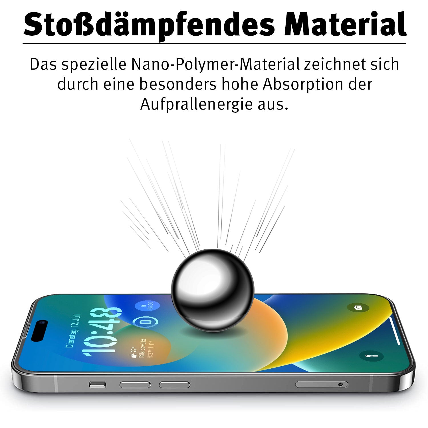 Eine Metallkugel trifft auf den Bildschirm und demonstriert die stoßdämpfende Kraft der Beastprotect iPhone 14 Pro Schutzfolie HYBRID 3D – einer unzerbrechlichen Displayschutzfolie von Beastprotect, ideal zum Schutz Ihres iPhone 14 Pro.