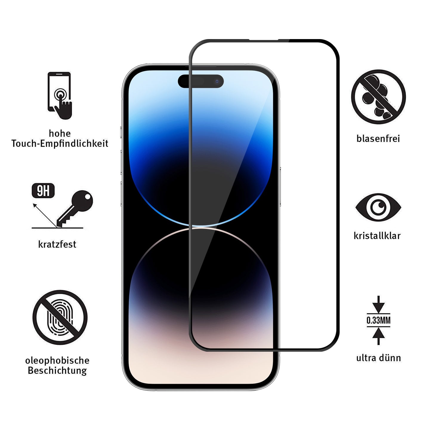 Das ArktisPRO iPhone 14 Pro FULL COVER Displayschutz GLAS bietet kratzfeste, kristallklare Oberfläche, perfekte oleophobe Schicht, hohe Touchsensitivität und blasenfreie Montage. Nur 0,33mm dünn – der ideale iPhone Displayschutz!.
