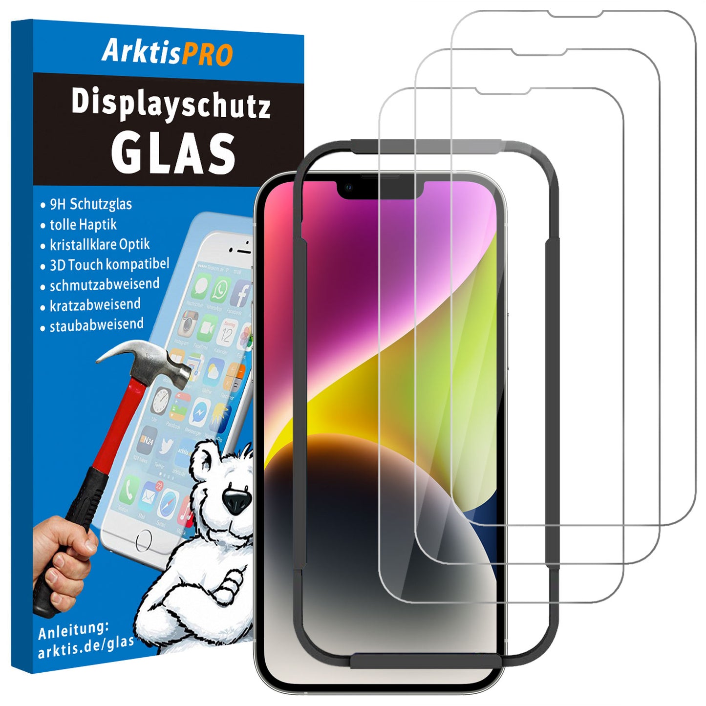ArktisPRO iPhone 14 Displayschutz GLAS - 3er Set