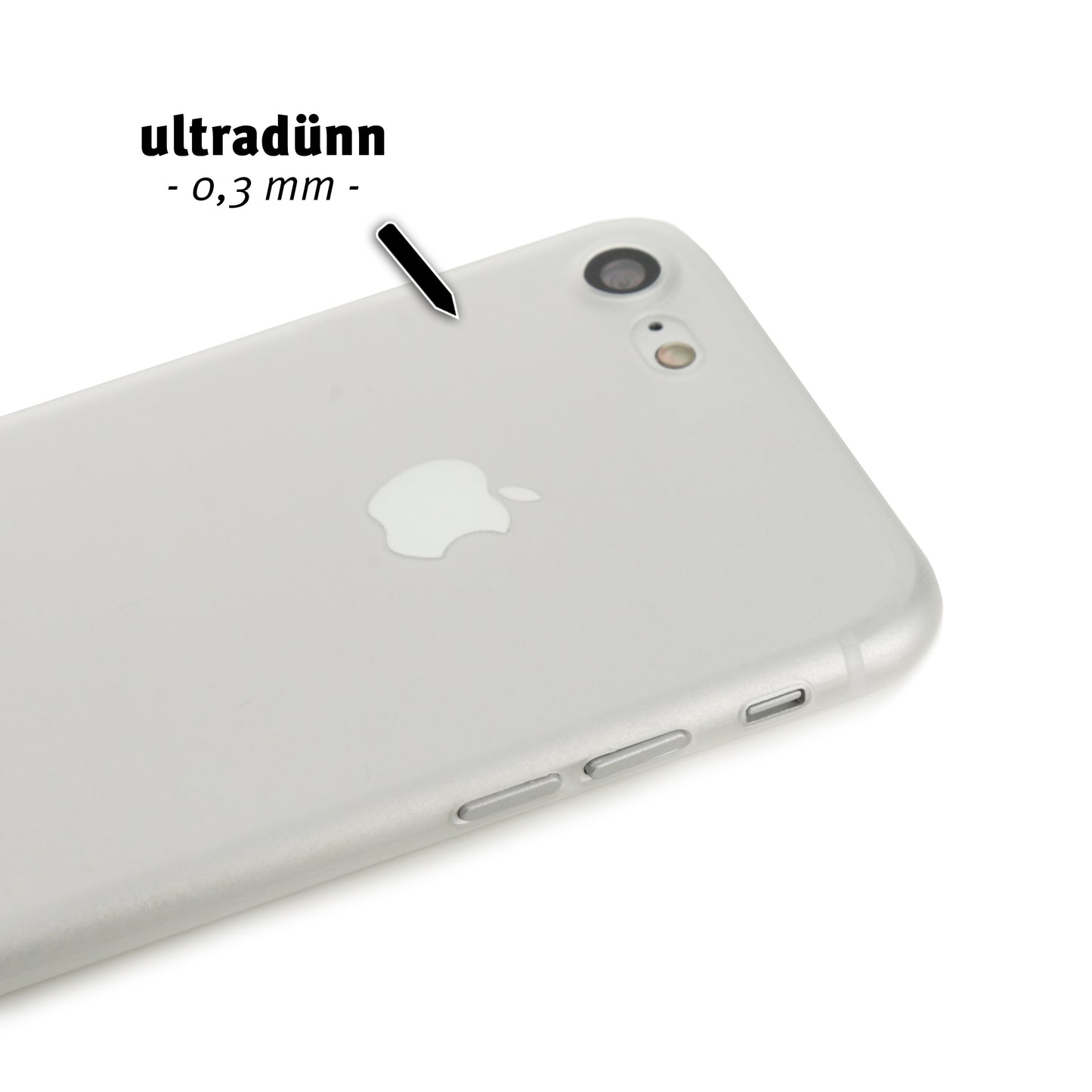 Nahaufnahme der ArktisPRO iPhone 8 Hülle ULTRADÜNN von ArktisPRO: silberne Rückseite mit „ultradünn – 0,3 mm“-Text und Pfeil, der die federleichte, ultradünne Schutzhülle zeigt – idealer Schutz für Ihr iPhone 8.