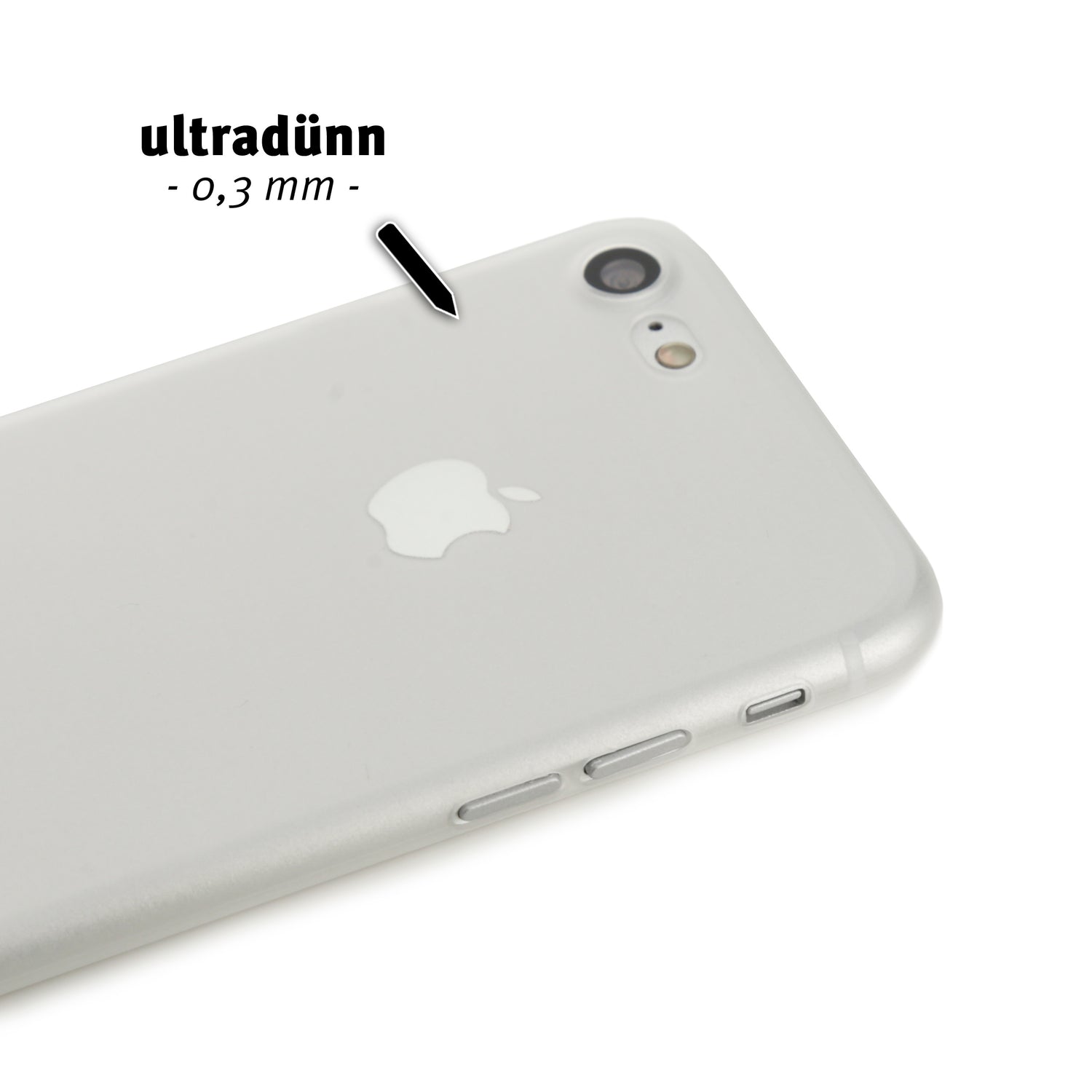 Nahaufnahme der ArktisPRO iPhone 8 Hülle ULTRADÜNN von ArktisPRO: silberne Rückseite mit „ultradünn – 0,3 mm“-Text und Pfeil, der die federleichte, ultradünne Schutzhülle zeigt – idealer Schutz für Ihr iPhone 8.