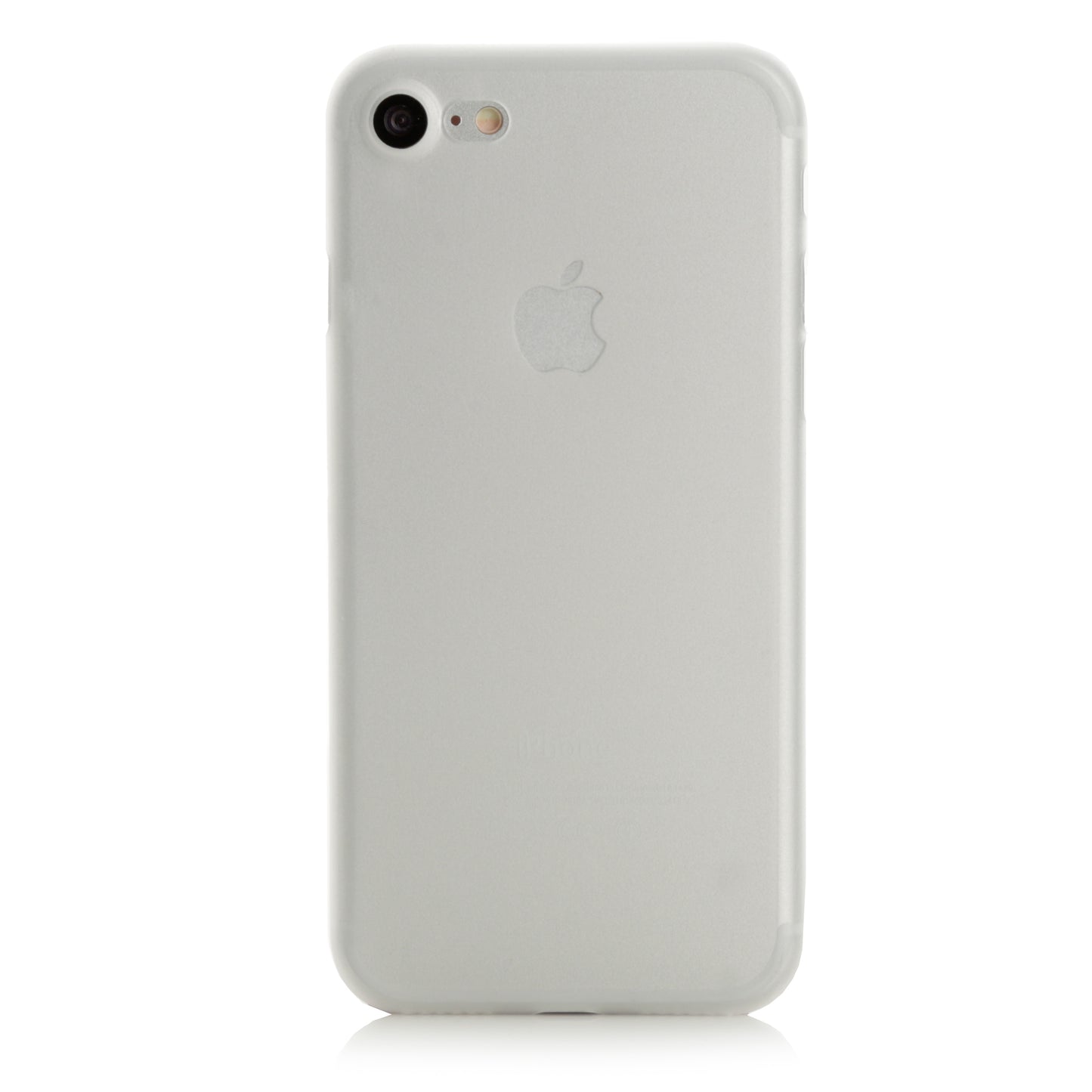Eine durchsichtige ArktisPRO iPhone 8 Hülle ULTRADÜNN auf einem silbernen iPhone zeigt das Apple-Logo und die Kamera vor einem weißen Hintergrund.