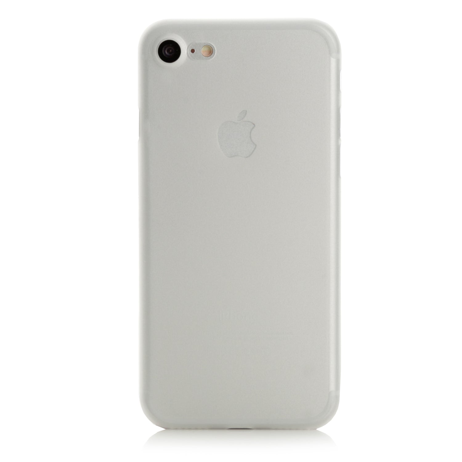 Eine durchsichtige ArktisPRO iPhone 8 Hülle ULTRADÜNN auf einem silbernen iPhone zeigt das Apple-Logo und die Kamera vor einem weißen Hintergrund.