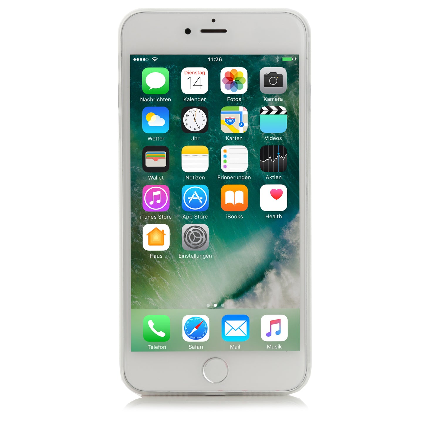 Die ArktisPRO iPhone 8 Hülle ULTRADÜNN von ArktisPRO in Silber schützt Ihr iPhone, während sein lebendiger Startbildschirm und die bunten App-Symbole vor einem weißen Hintergrund leuchten.