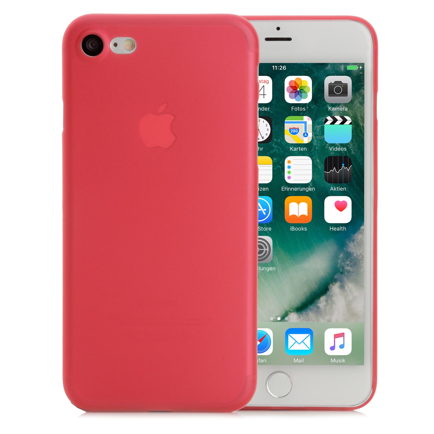 Abgebildet ist ein iPhone 8 in einer roten, ultraleichten ArktisPRO iPhone 8 Hülle ULTRADÜNN mit Homescreen und App-Symbolen.