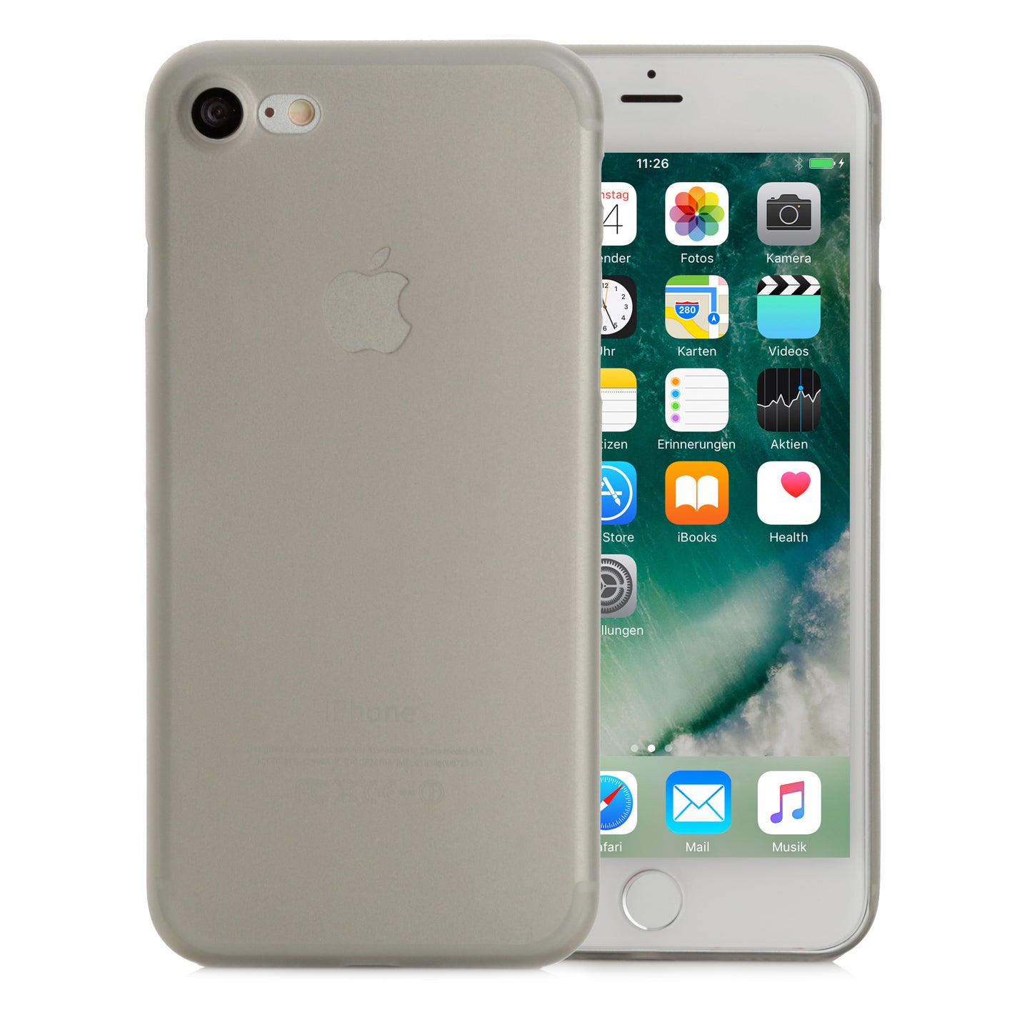 Die ArktisPRO iPhone 8 Hülle ULTRADÜNN von ArktisPRO präsentiert sich in transparentem Grau und zeigt das iPhone sowohl von vorne als auch von hinten vor einem weißen Hintergrund.