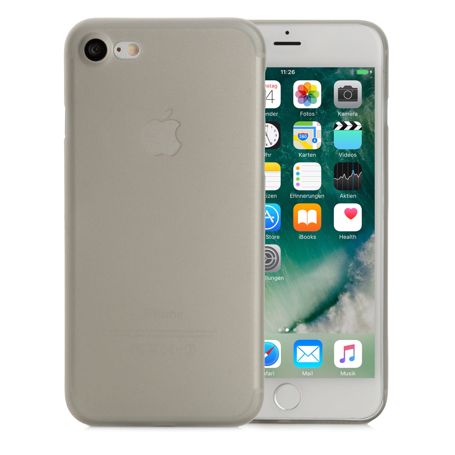 Die ArktisPRO iPhone 8 Hülle ULTRADÜNN von ArktisPRO präsentiert sich in transparentem Grau und zeigt das iPhone sowohl von vorne als auch von hinten vor einem weißen Hintergrund.