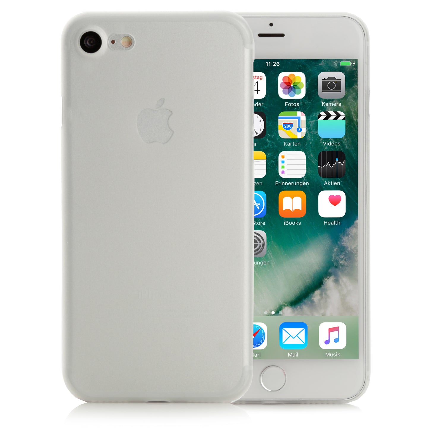 Vorder- und Rückansicht eines weißen iPhone 8 mit der transparenten ArktisPRO iPhone 8 Hülle ULTRADÜNN von ArktisPRO auf weißem Hintergrund.