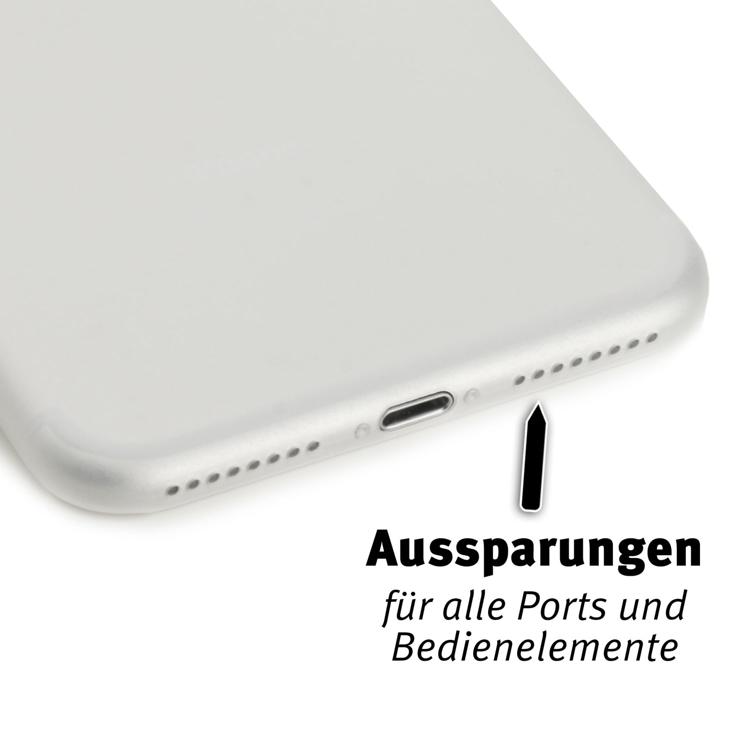Nahaufnahme der ArktisPRO iPhone 8 Hülle ULTRADÜNN an der Unterkante eines Smartphones mit Ladeanschluss und Lautsprecherlöchern mit deutscher Beschriftung für optimalen Schutz.