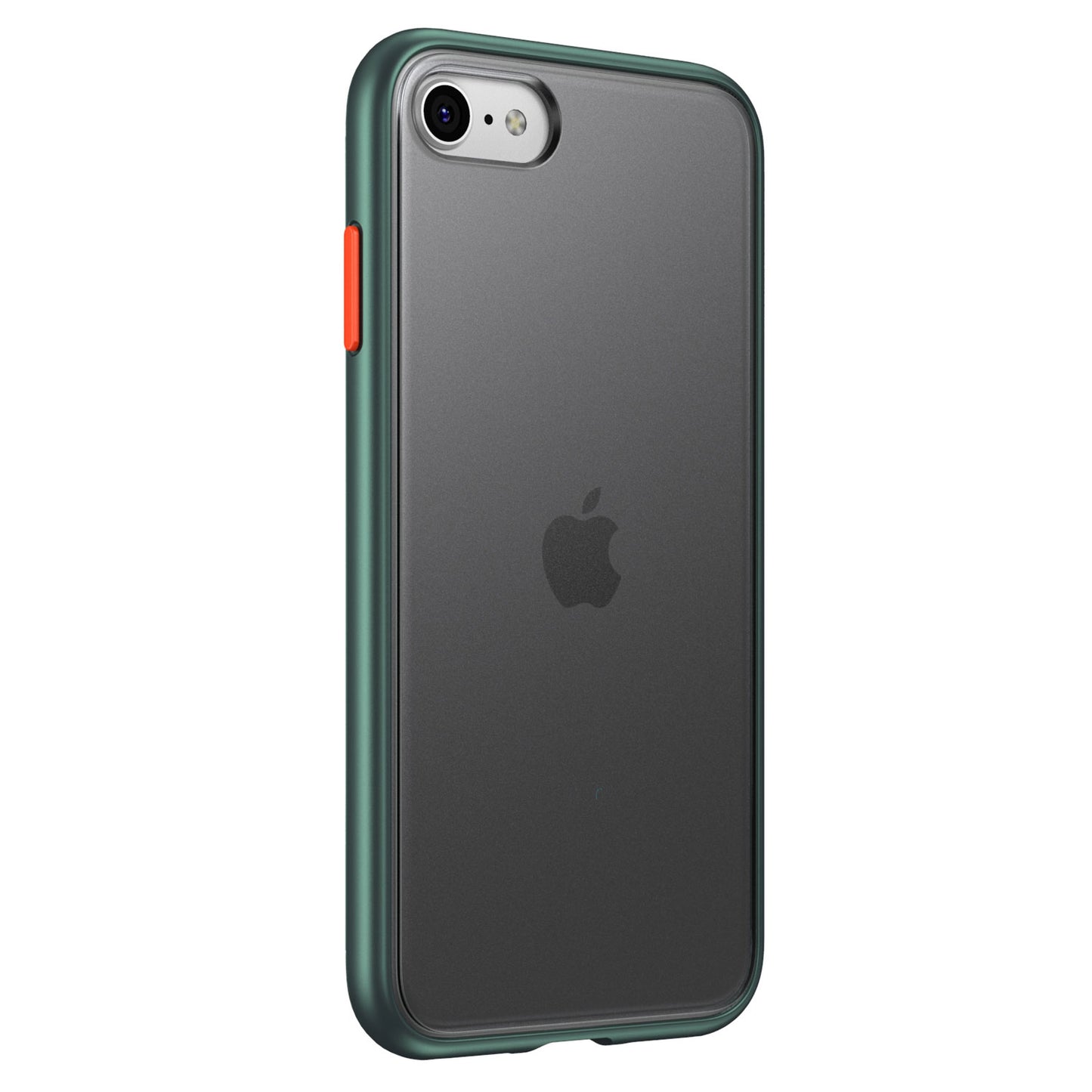 Ein schwarzes iPhone in einem Aviato SECTOR SLIM Case für iPhone SE (2022/2020), dunkelgrün mit orangefarbener Taste, trägt das Apple-Logo und bietet Stoßabsorption der Marke Aviato für zusätzlichen Schutz.